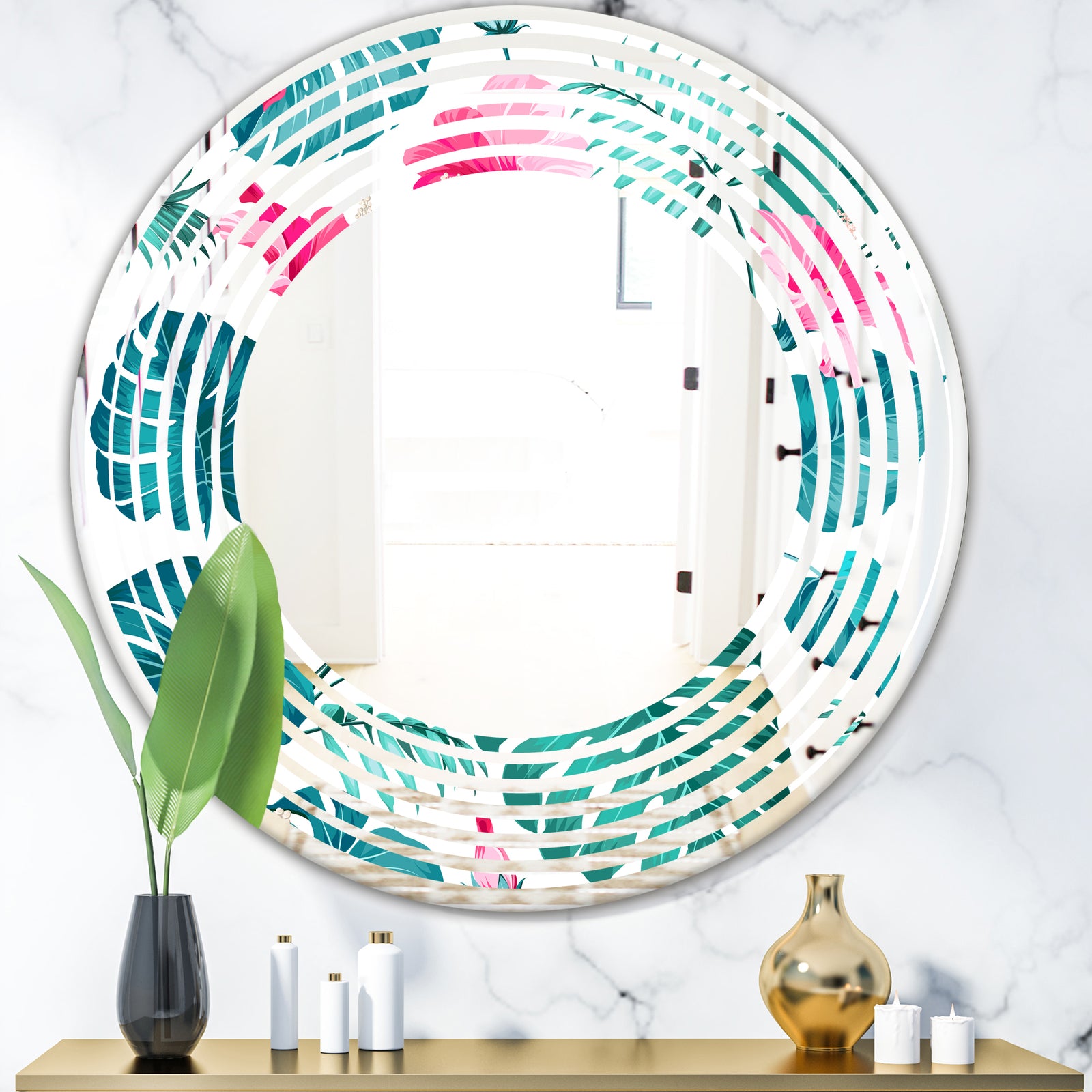 Tropical Botanicals and Flowers - Modern Round or Oval Wall Mirror - Wave