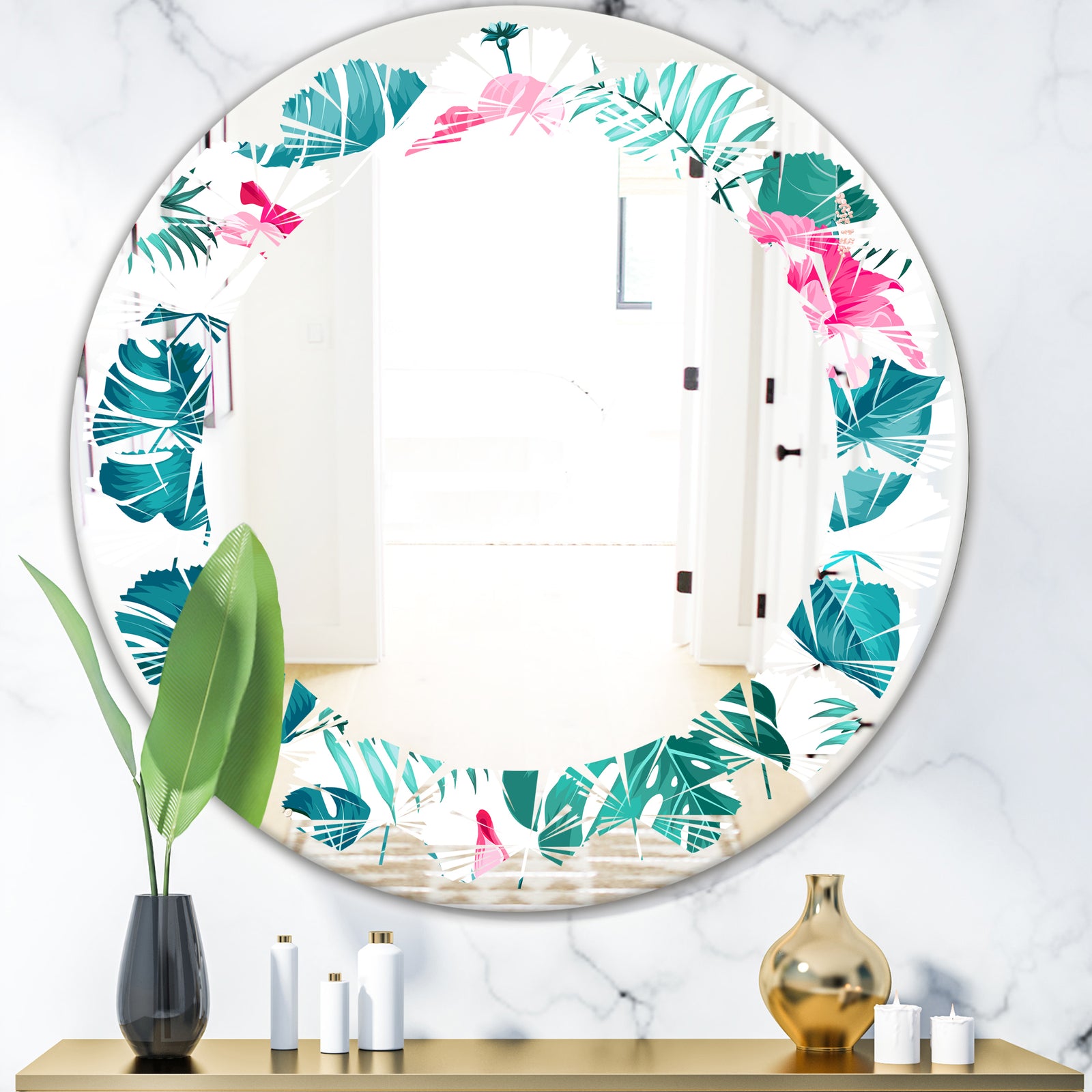 Tropical Botanicals and Flowers - Modern Round or Oval Wall Mirror - Leaves
