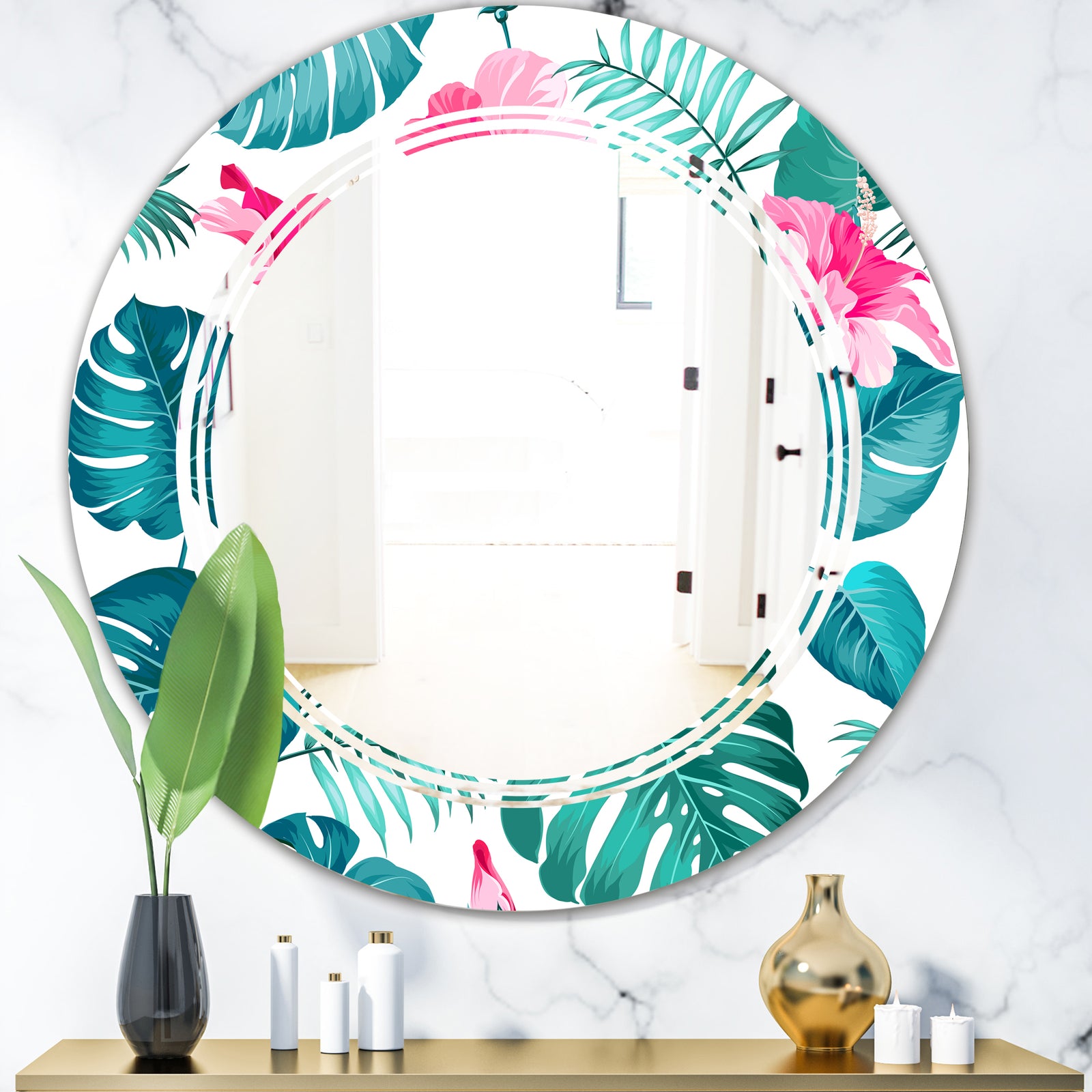 Tropical Botanicals and Flowers - Modern Round or Oval Wall Mirror - Triple C