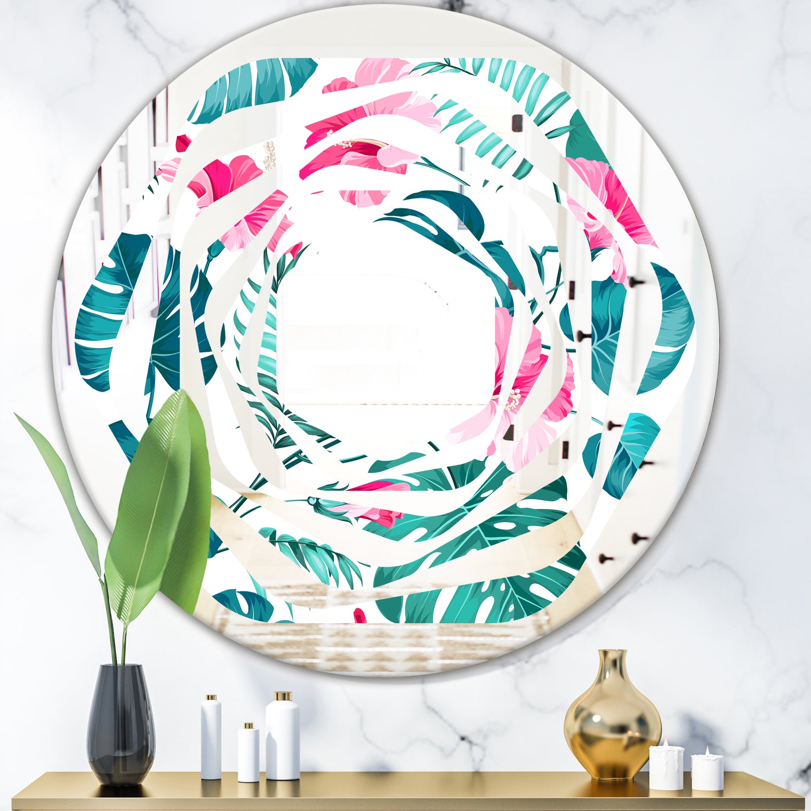 Tropical Botanicals and Flowers - Modern Round or Oval Wall Mirror - Whirl