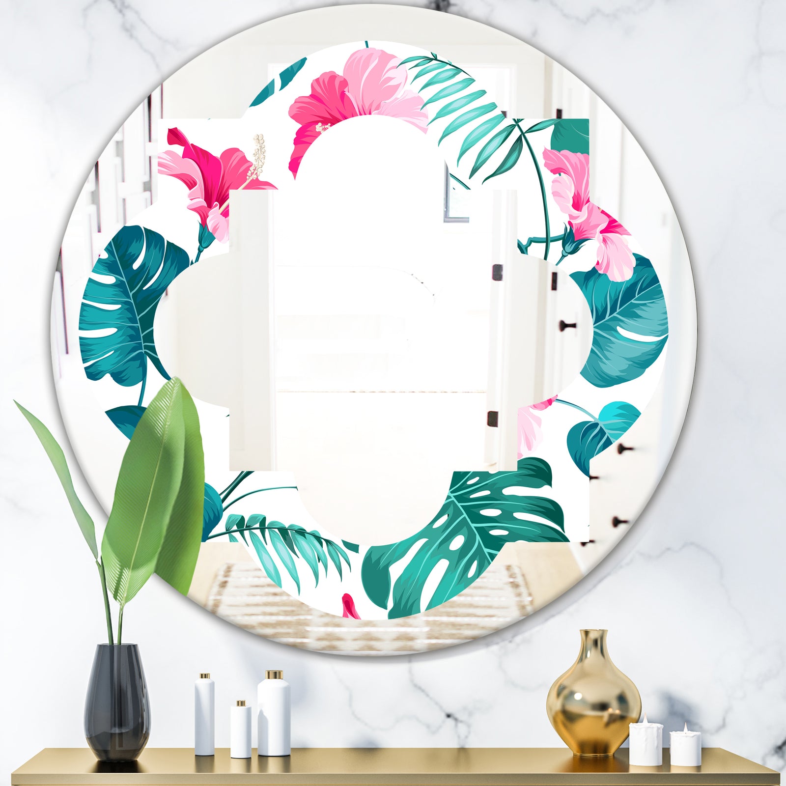 Tropical Botanicals and Flowers - Modern Round or Oval Wall Mirror - Quatrefoil