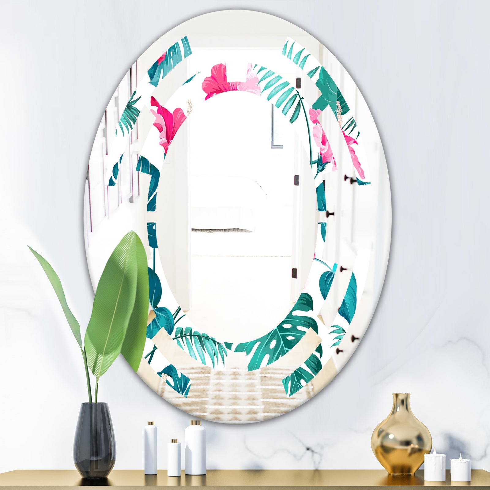 Tropical Botanicals and Flowers - Modern Round or Oval Wall Mirror - Space