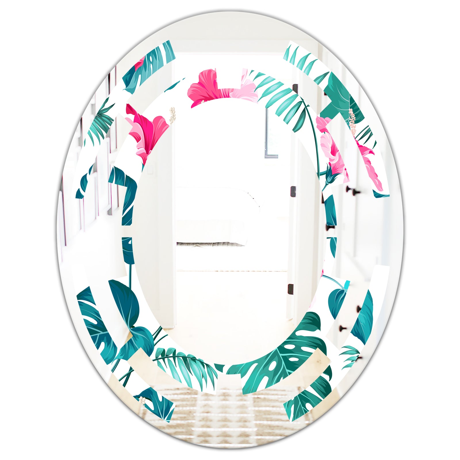 Tropical Botanicals and Flowers - Modern Round or Oval Wall Mirror - Space