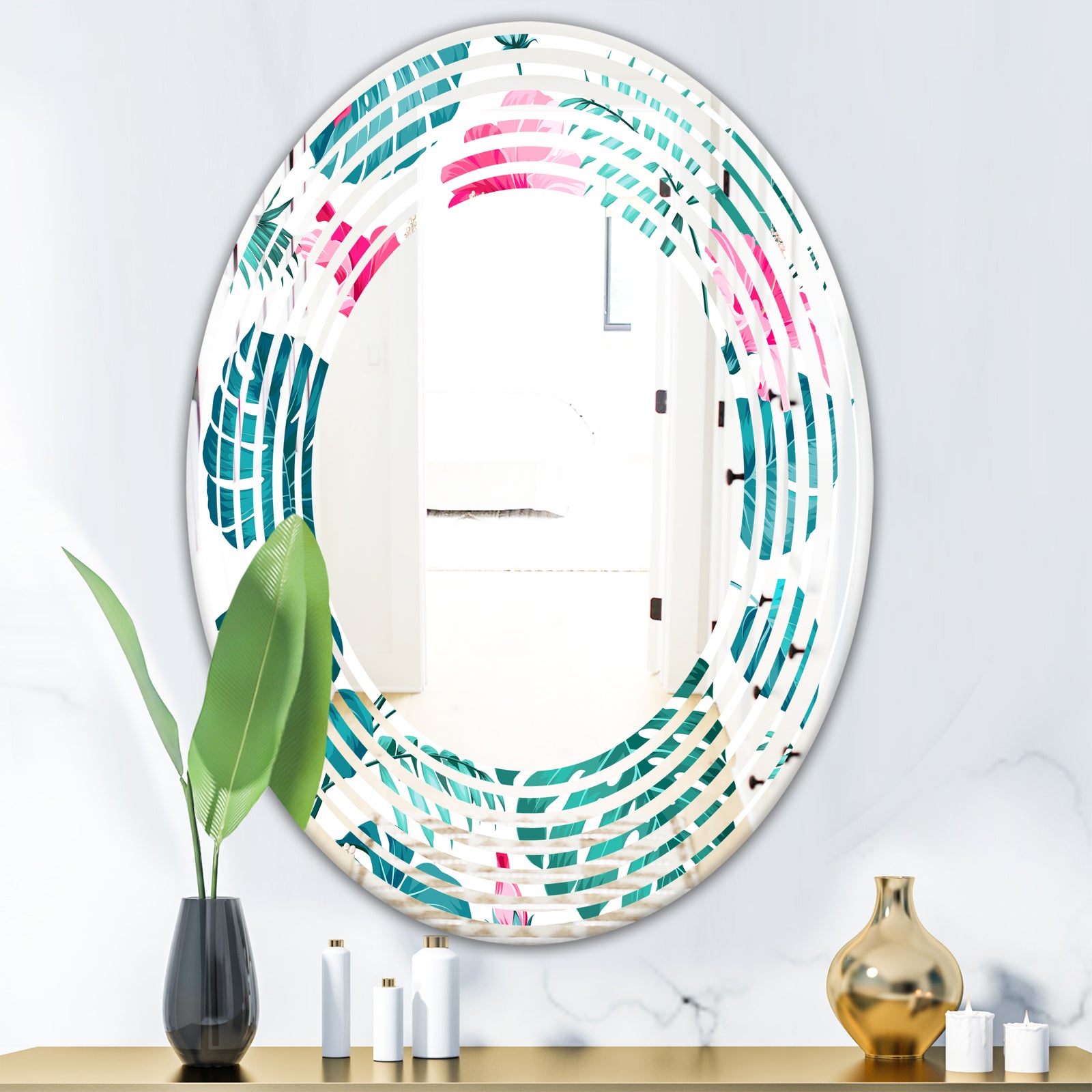 Tropical Botanicals and Flowers - Modern Round or Oval Wall Mirror - Wave