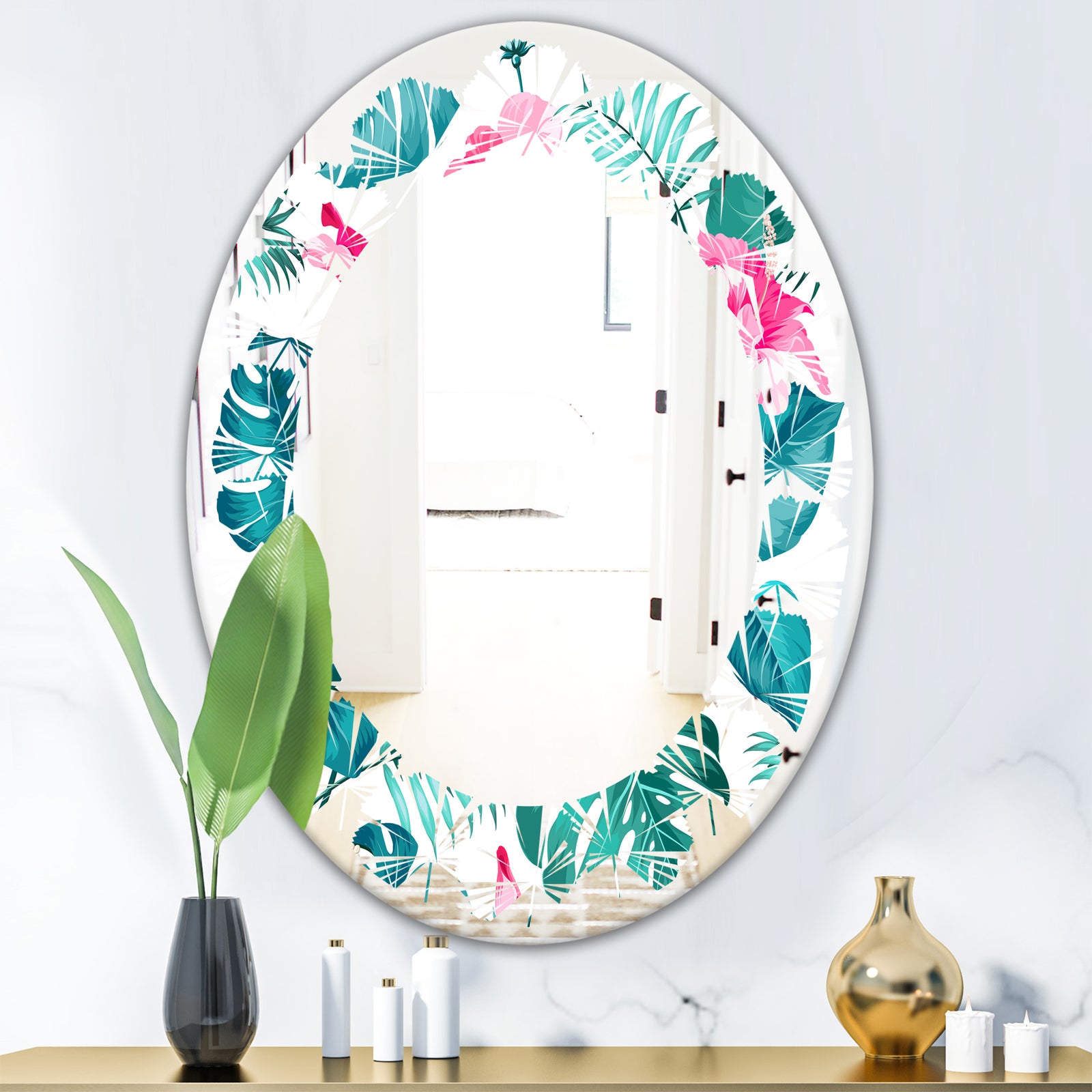 Tropical Botanicals and Flowers - Modern Round or Oval Wall Mirror - Leaves