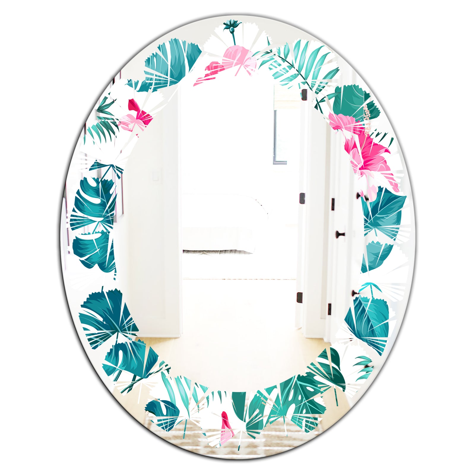 Tropical Botanicals and Flowers - Modern Round or Oval Wall Mirror - Leaves