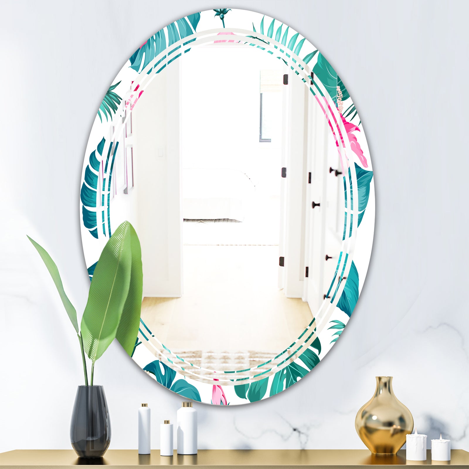 Tropical Botanicals and Flowers - Modern Round or Oval Wall Mirror - Triple C