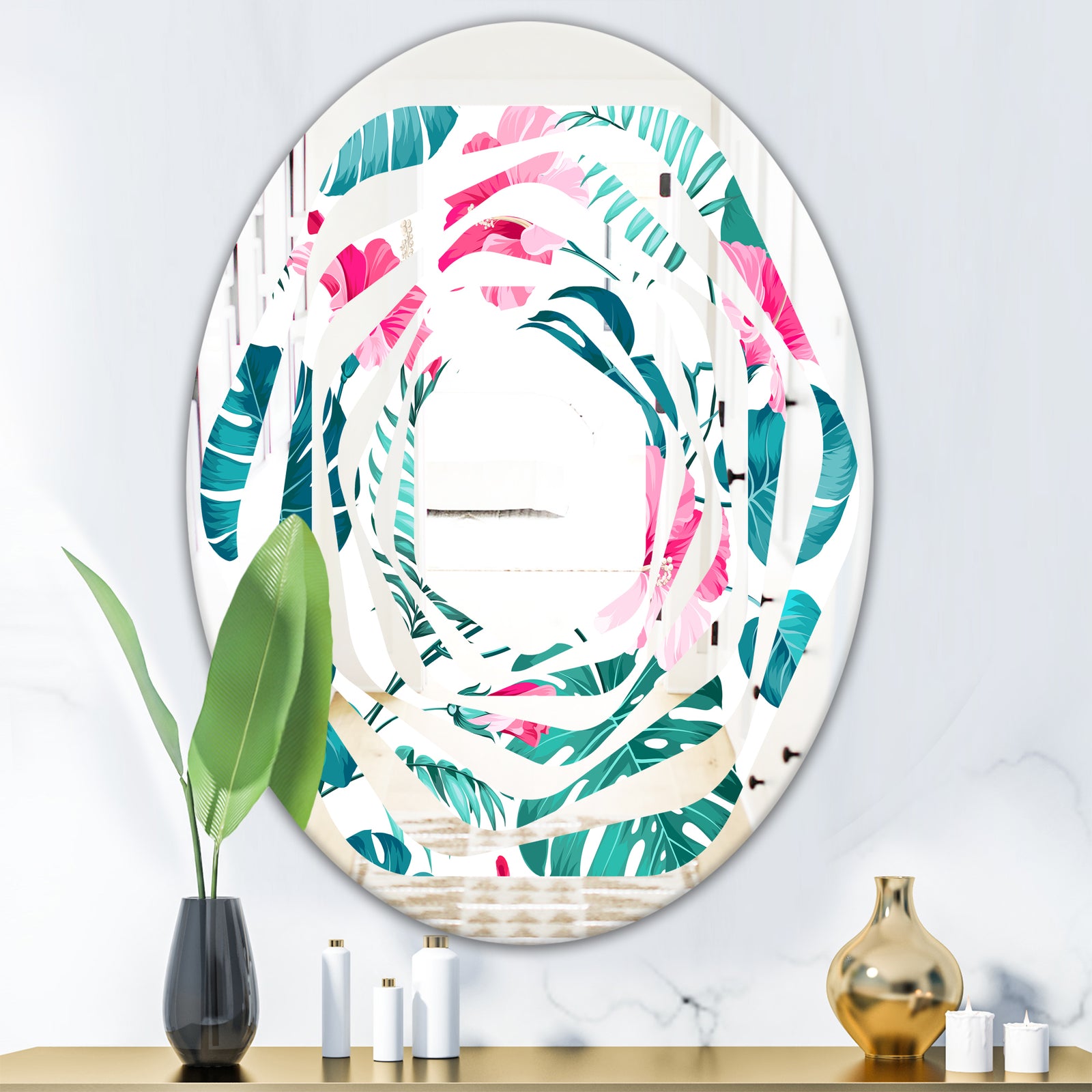 Tropical Botanicals and Flowers - Modern Round or Oval Wall Mirror - Whirl