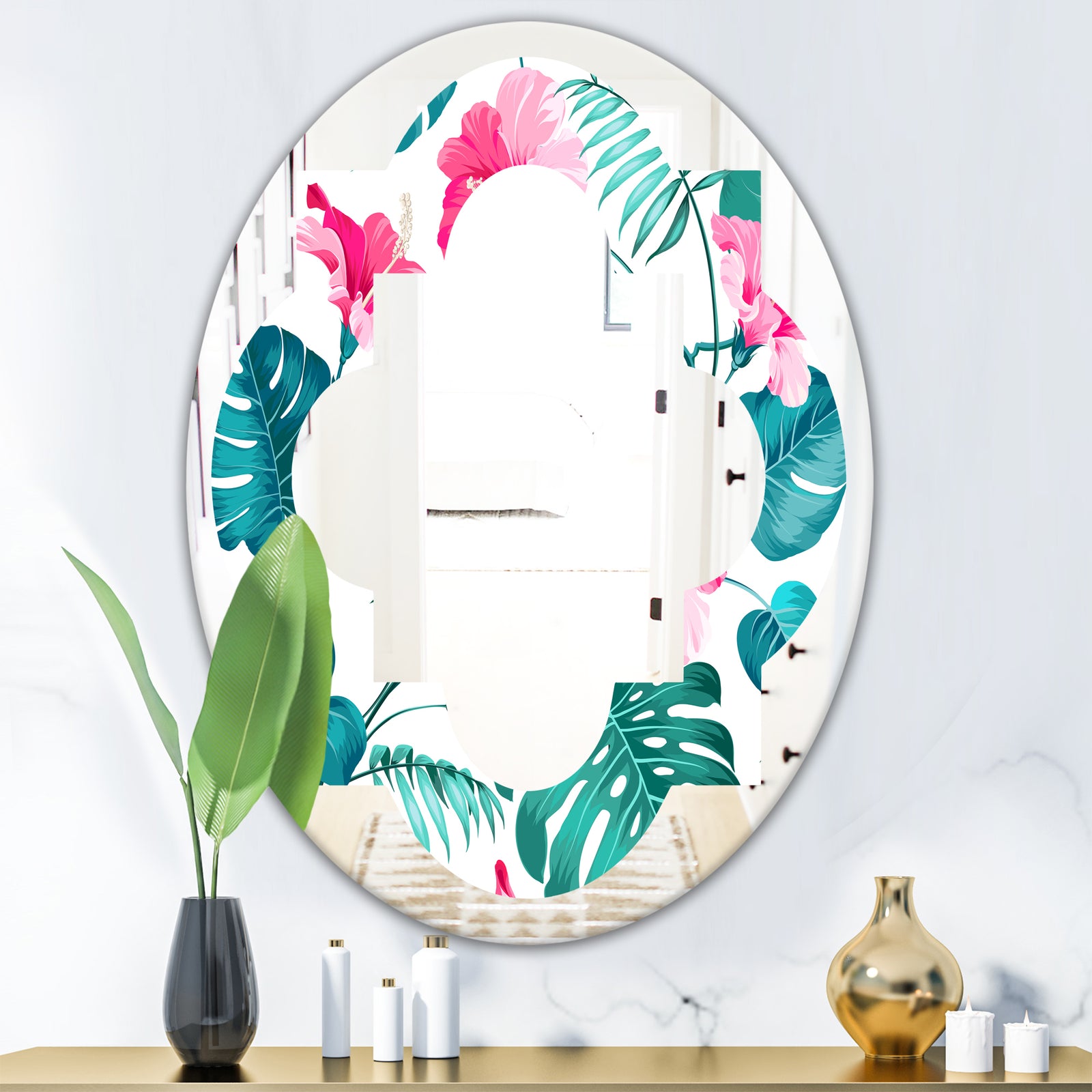Tropical Botanicals and Flowers - Modern Round or Oval Wall Mirror - Quatrefoil