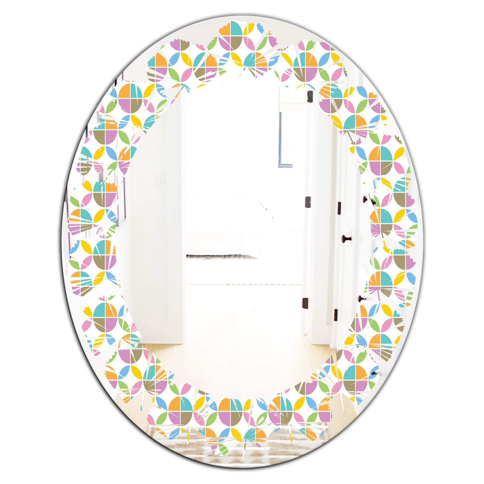 Retro Geometric Design VIII - Modern Round or Oval Wall Mirror - Leaves