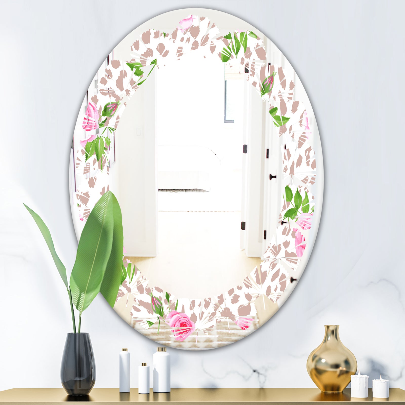 Leopard Fur Safari IV - Modern Round or Oval Wall Mirror - Leaves