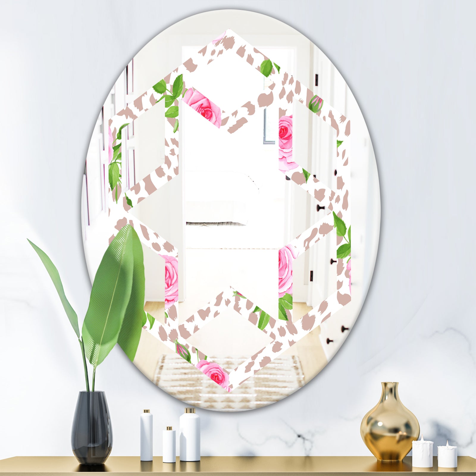 Leopard Fur Safari IV - Modern Round or Oval Wall Mirror - Hexagon Star