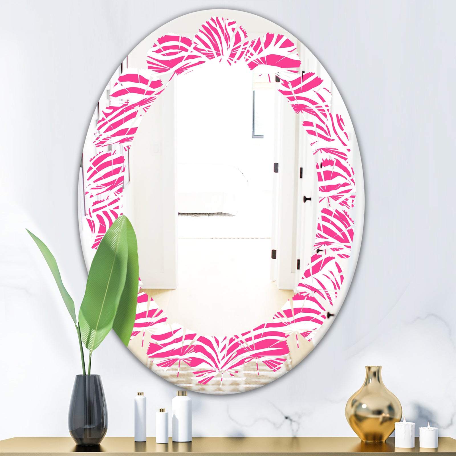 Glamour Zebra Animal Pattern - Modern Round or Oval Wall Mirror - Leaves