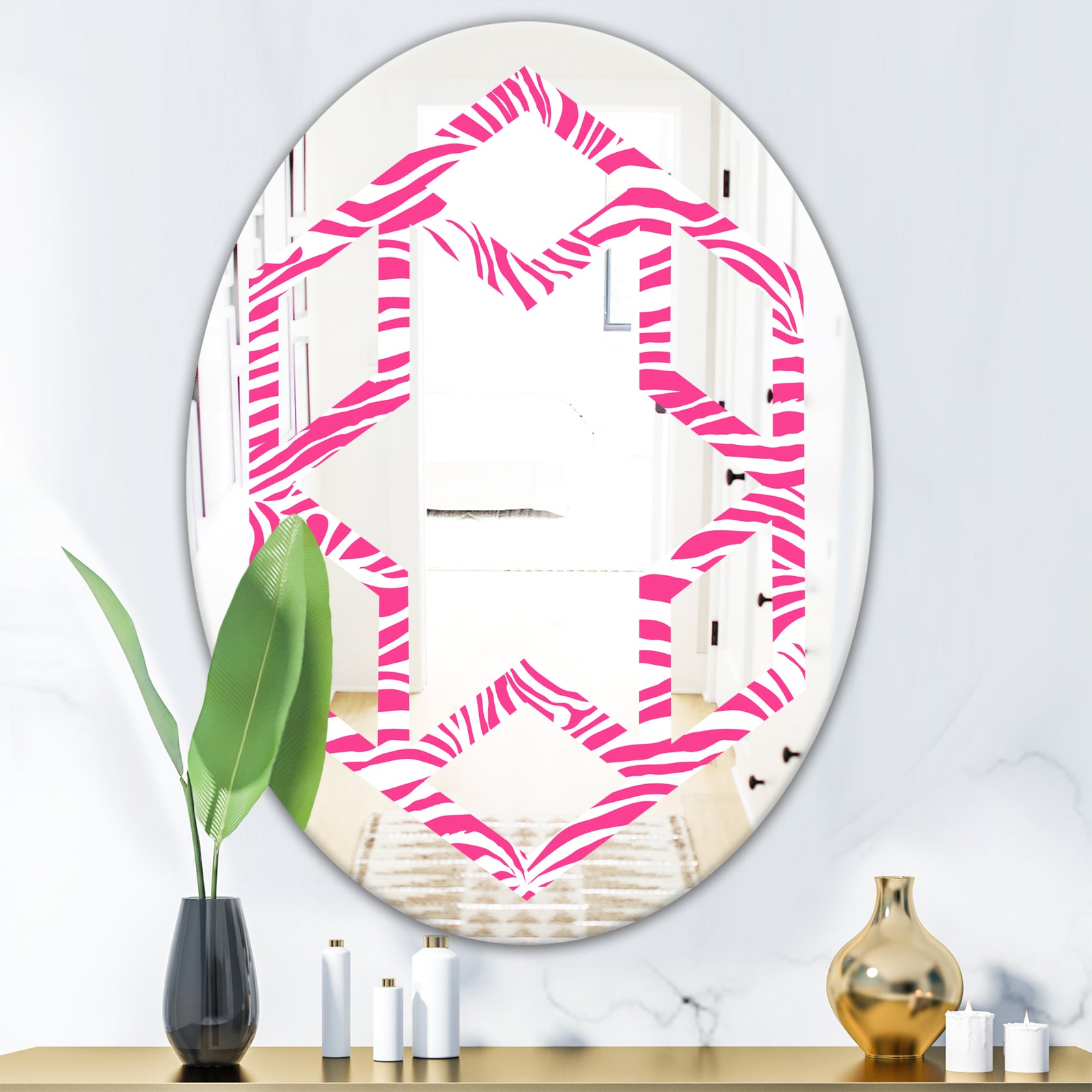 Glamour Zebra Animal Pattern - Modern Round or Oval Wall Mirror - Hexagon Star
