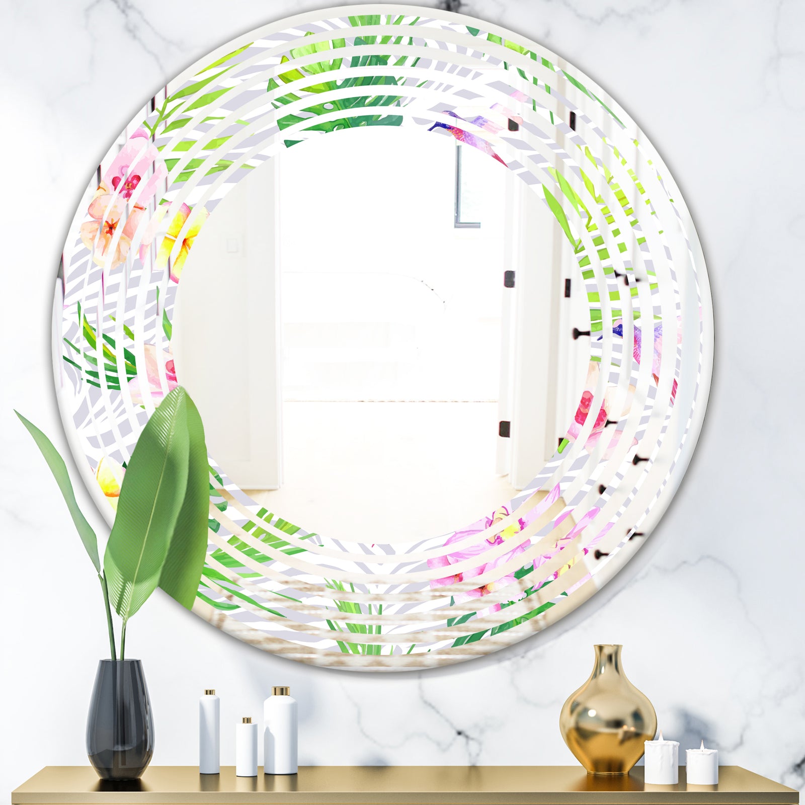 Tropical Botanicals and Flowers VI - Modern Round or Oval Wall Mirror - Wave