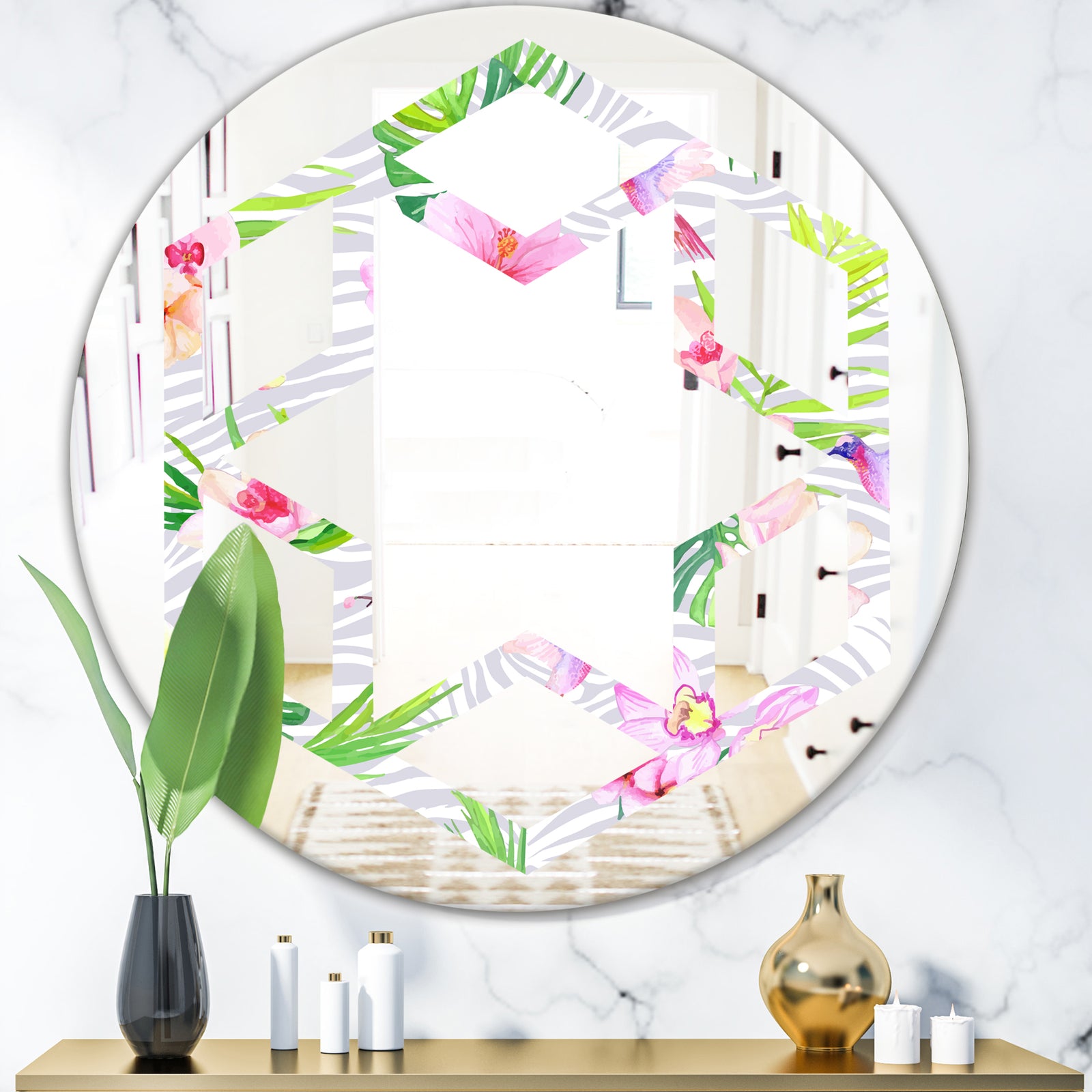 Tropical Botanicals and Flowers VI - Modern Round or Oval Wall Mirror - Hexagon Star
