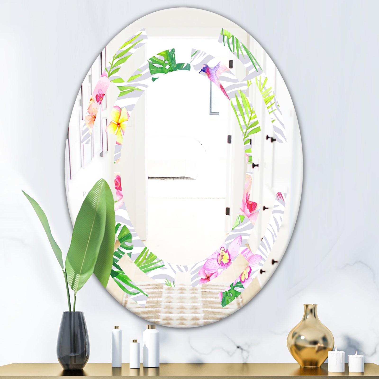 Tropical Botanicals and Flowers VI - Modern Round or Oval Wall Mirror - Space