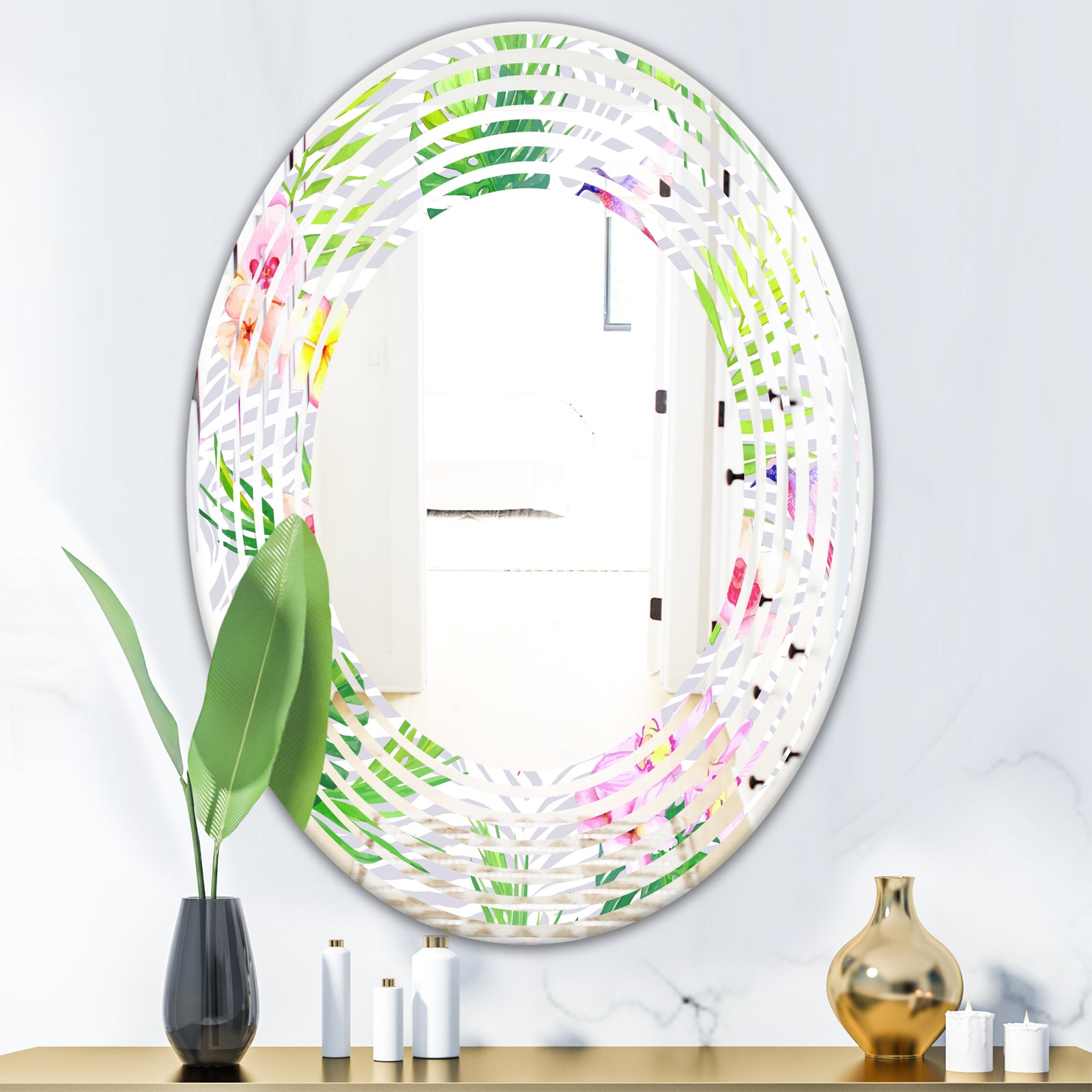 Tropical Botanicals and Flowers VI - Modern Round or Oval Wall Mirror - Wave