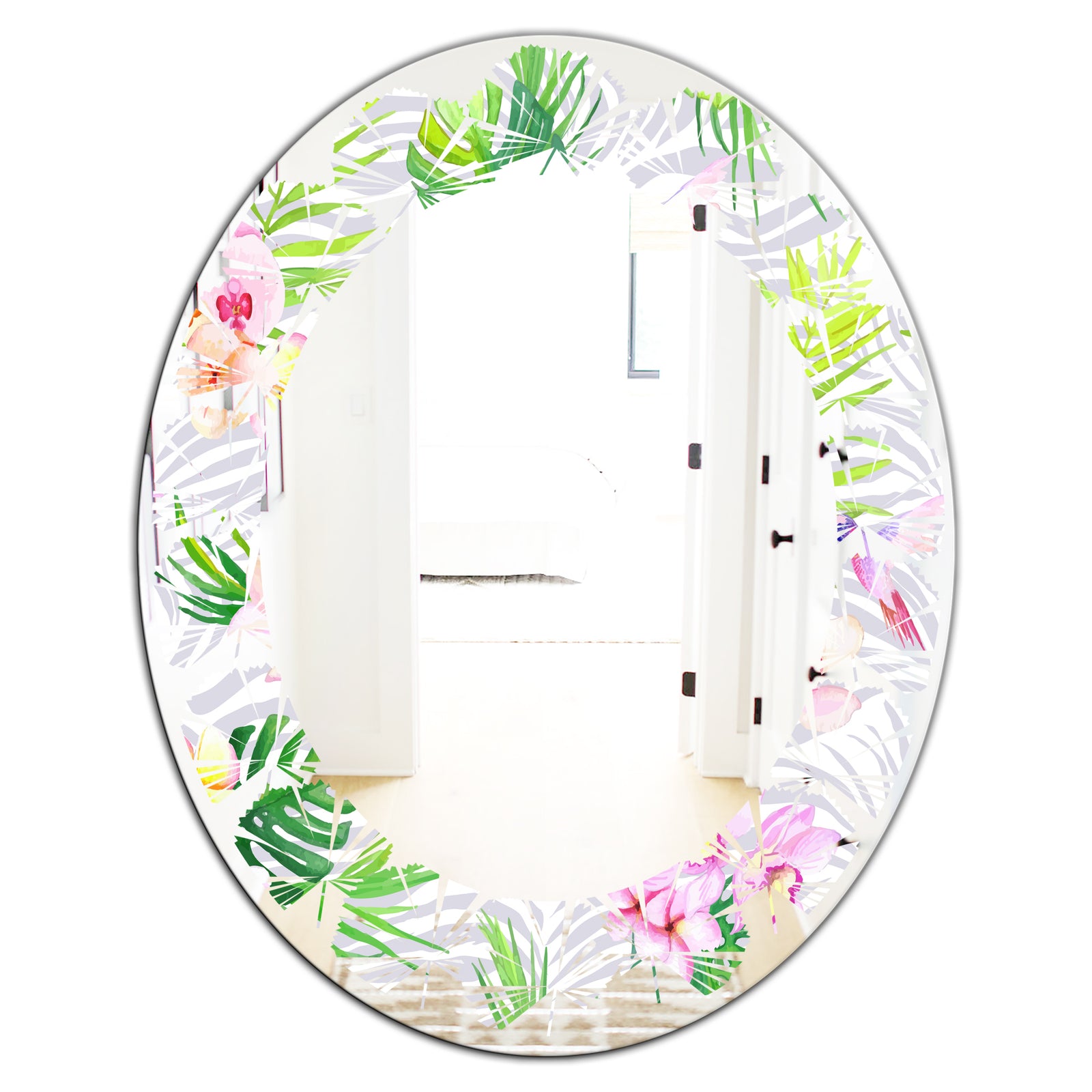 Tropical Botanicals and Flowers VI - Modern Round or Oval Wall Mirror - Leaves