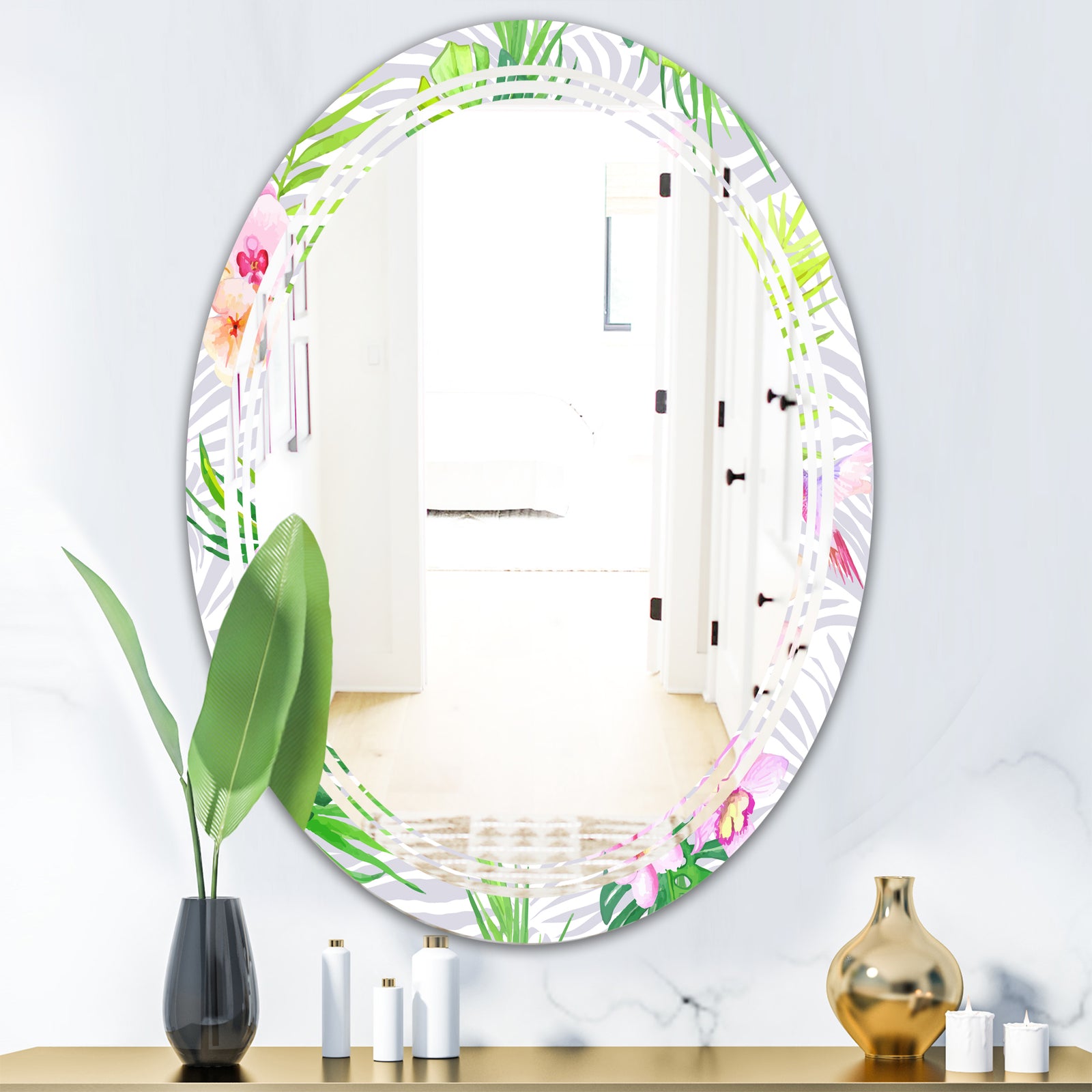 Tropical Botanicals and Flowers VI - Modern Round or Oval Wall Mirror - Triple C