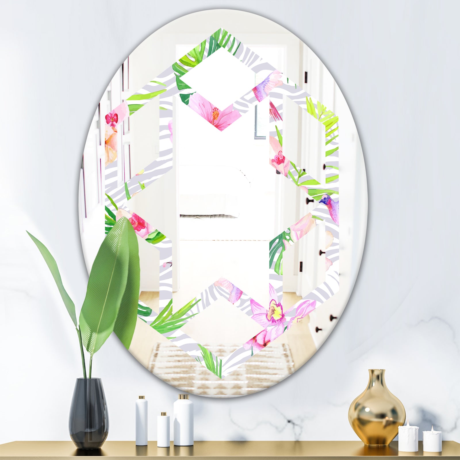 Tropical Botanicals and Flowers VI - Modern Round or Oval Wall Mirror - Hexagon Star