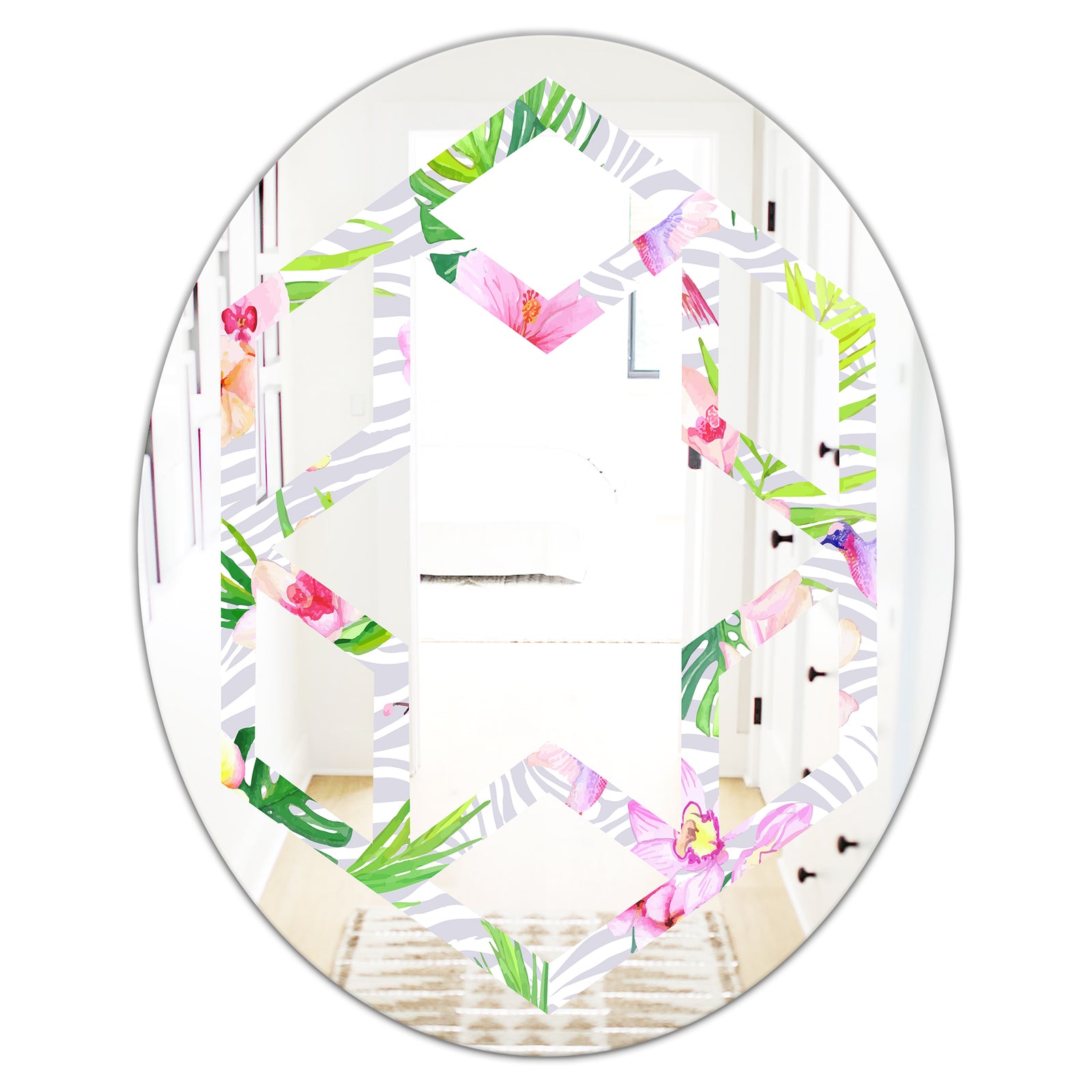 Tropical Botanicals and Flowers VI - Modern Round or Oval Wall Mirror - Hexagon Star