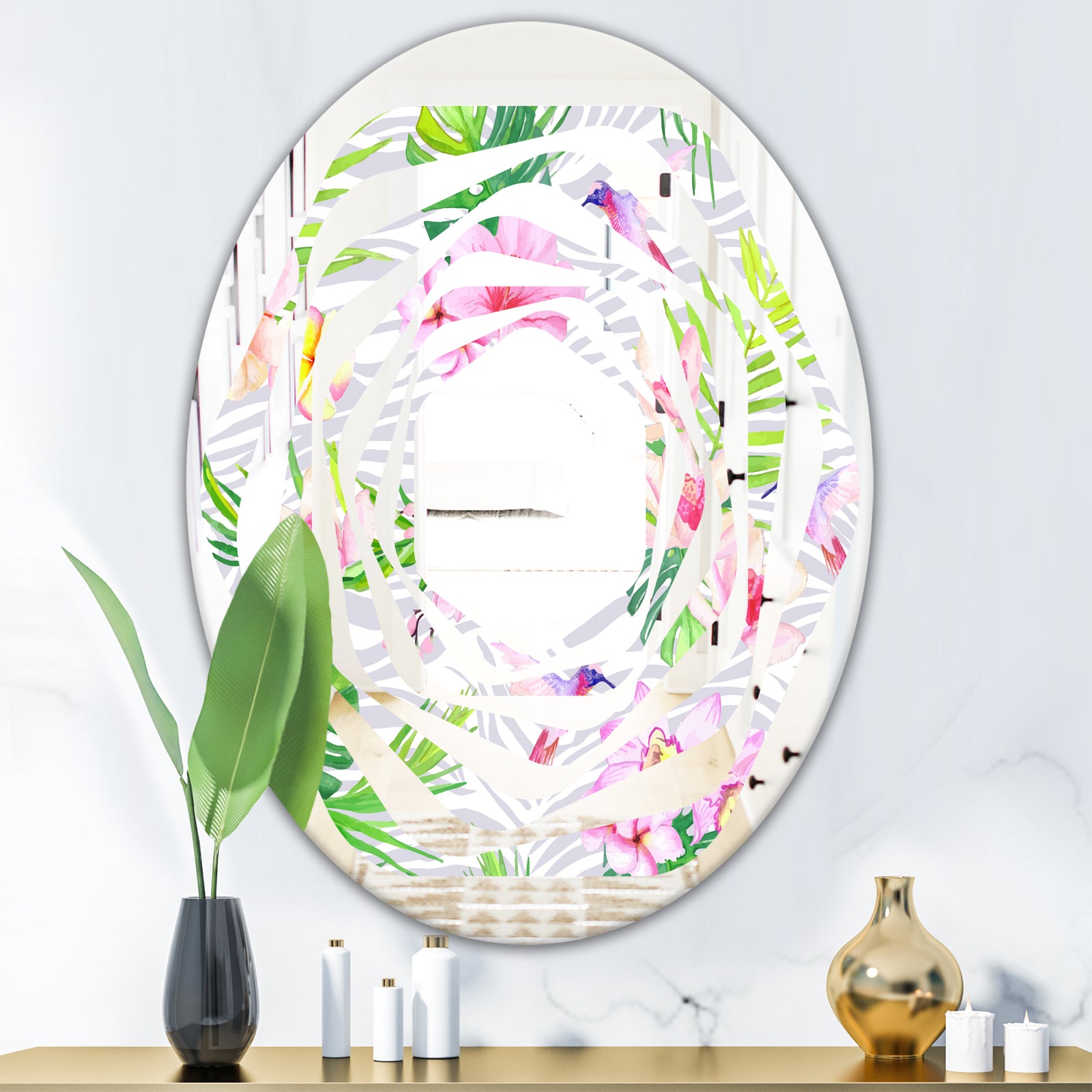 Tropical Botanicals and Flowers VI - Modern Round or Oval Wall Mirror - Whirl