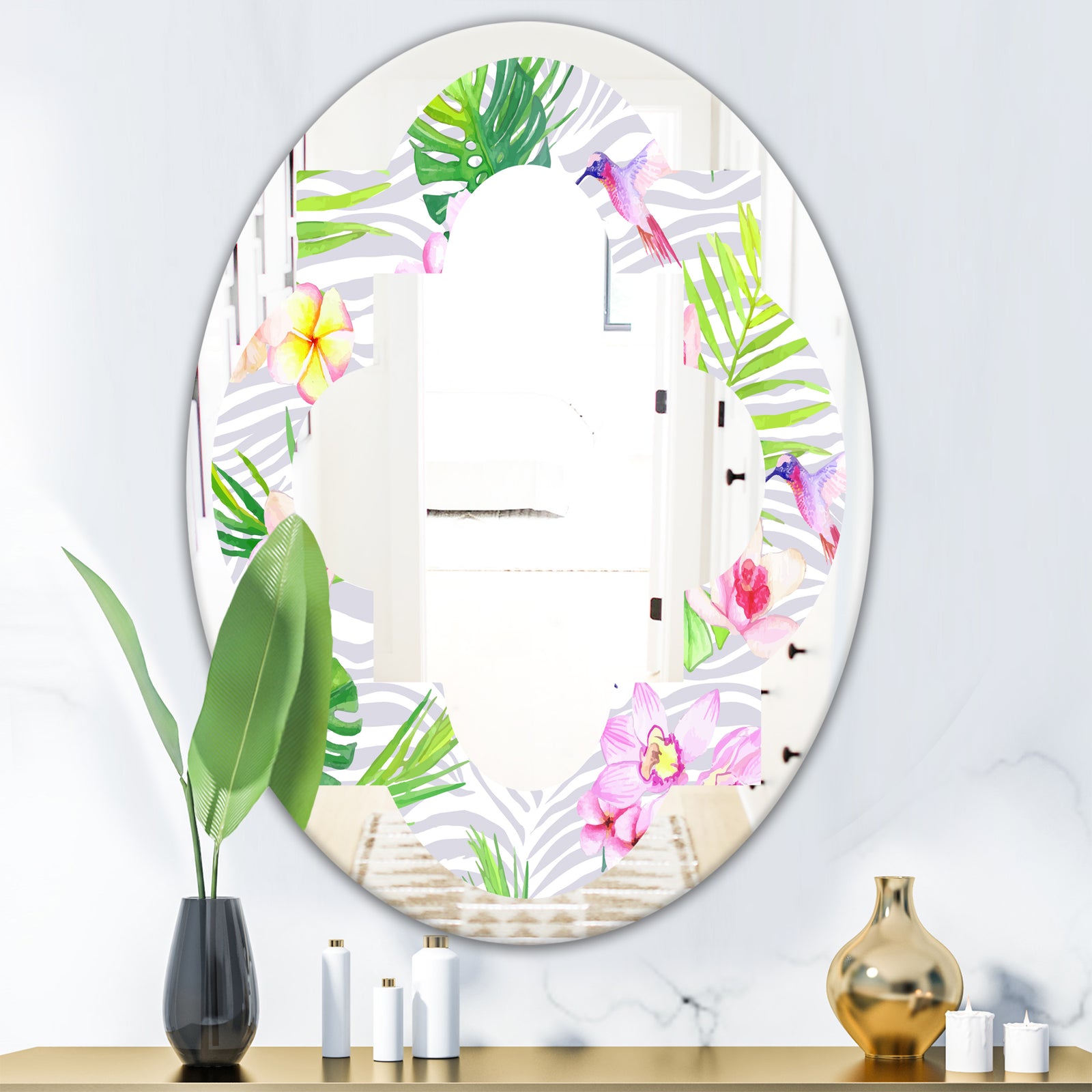 Tropical Botanicals and Flowers VI - Modern Round or Oval Wall Mirror - Quatrefoil