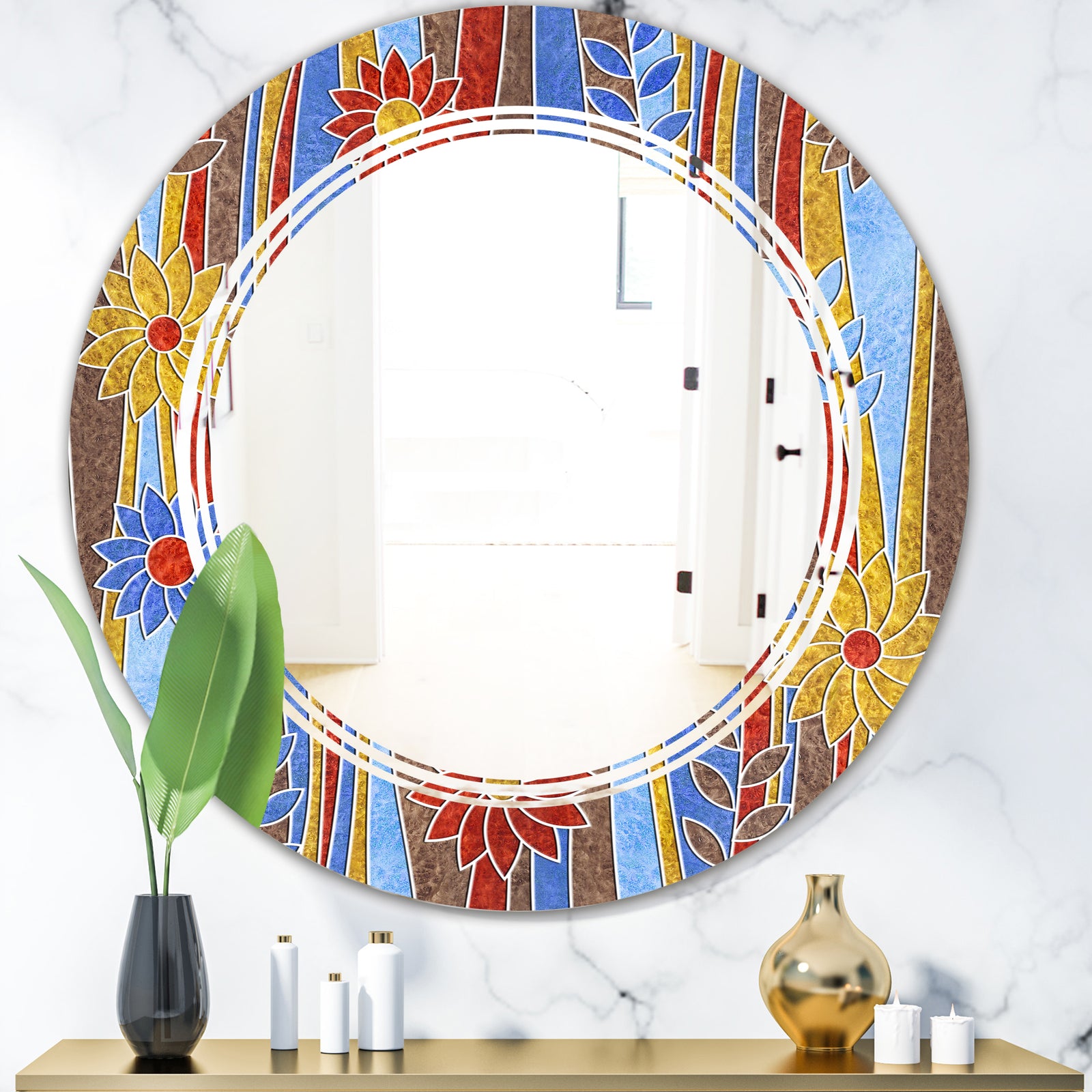 Floral Retro Pattern III - Modern Round or Oval Wall Mirror - Triple C