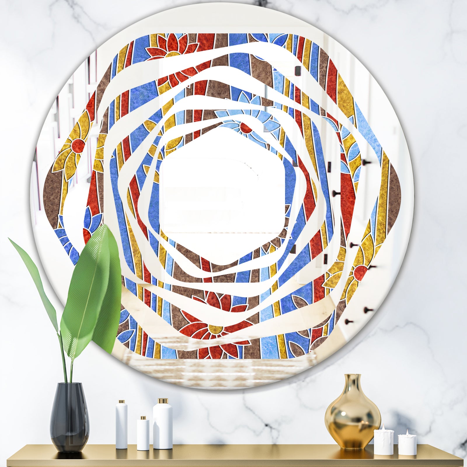 Floral Retro Pattern III - Modern Round or Oval Wall Mirror - Whirl