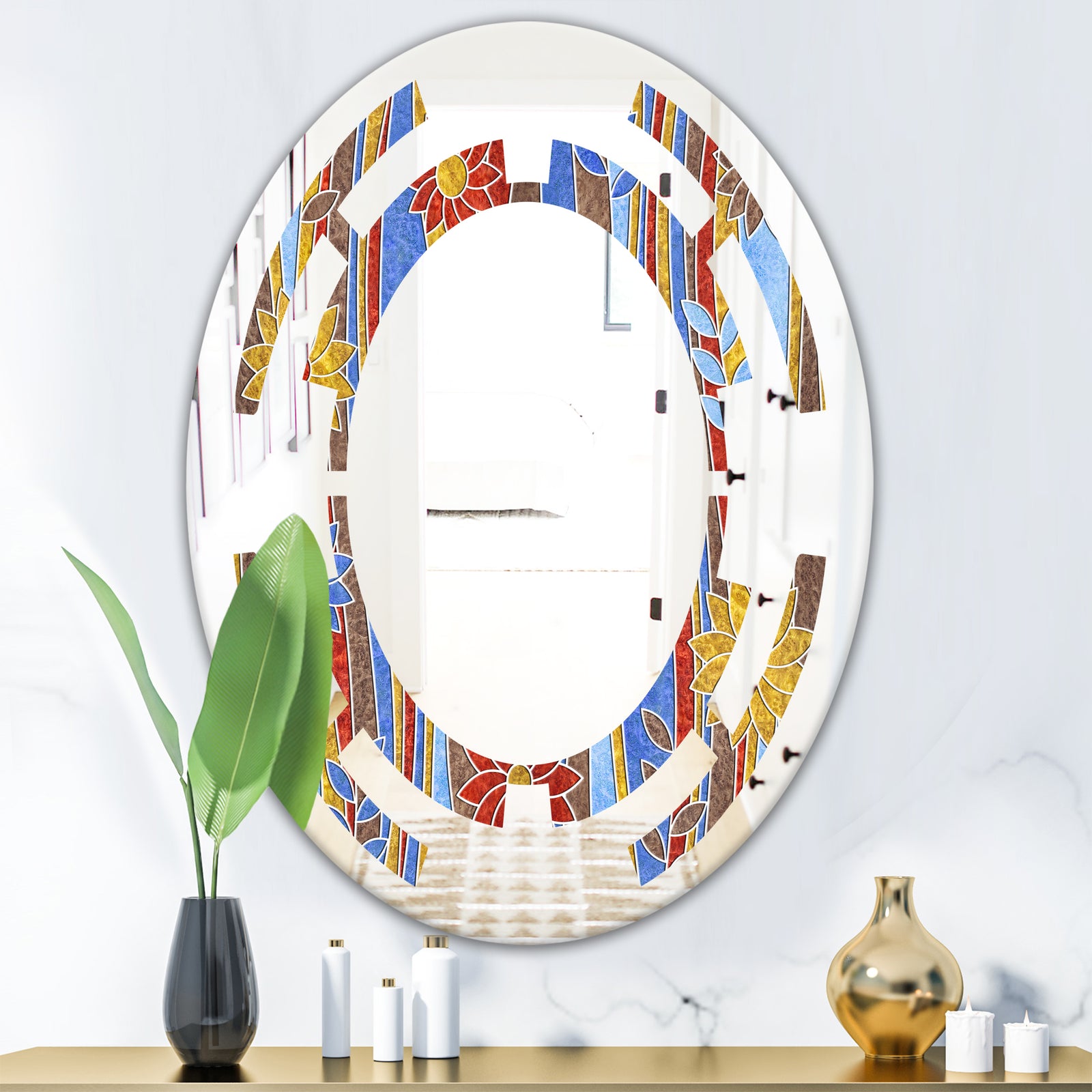 Floral Retro Pattern III - Modern Round or Oval Wall Mirror - Space