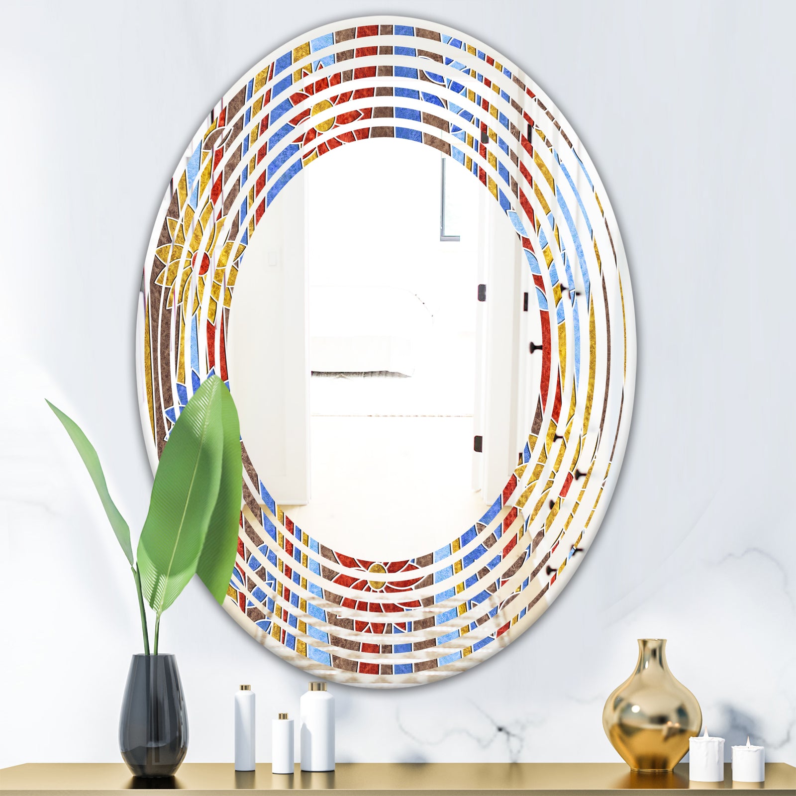 Floral Retro Pattern III - Modern Round or Oval Wall Mirror - Wave