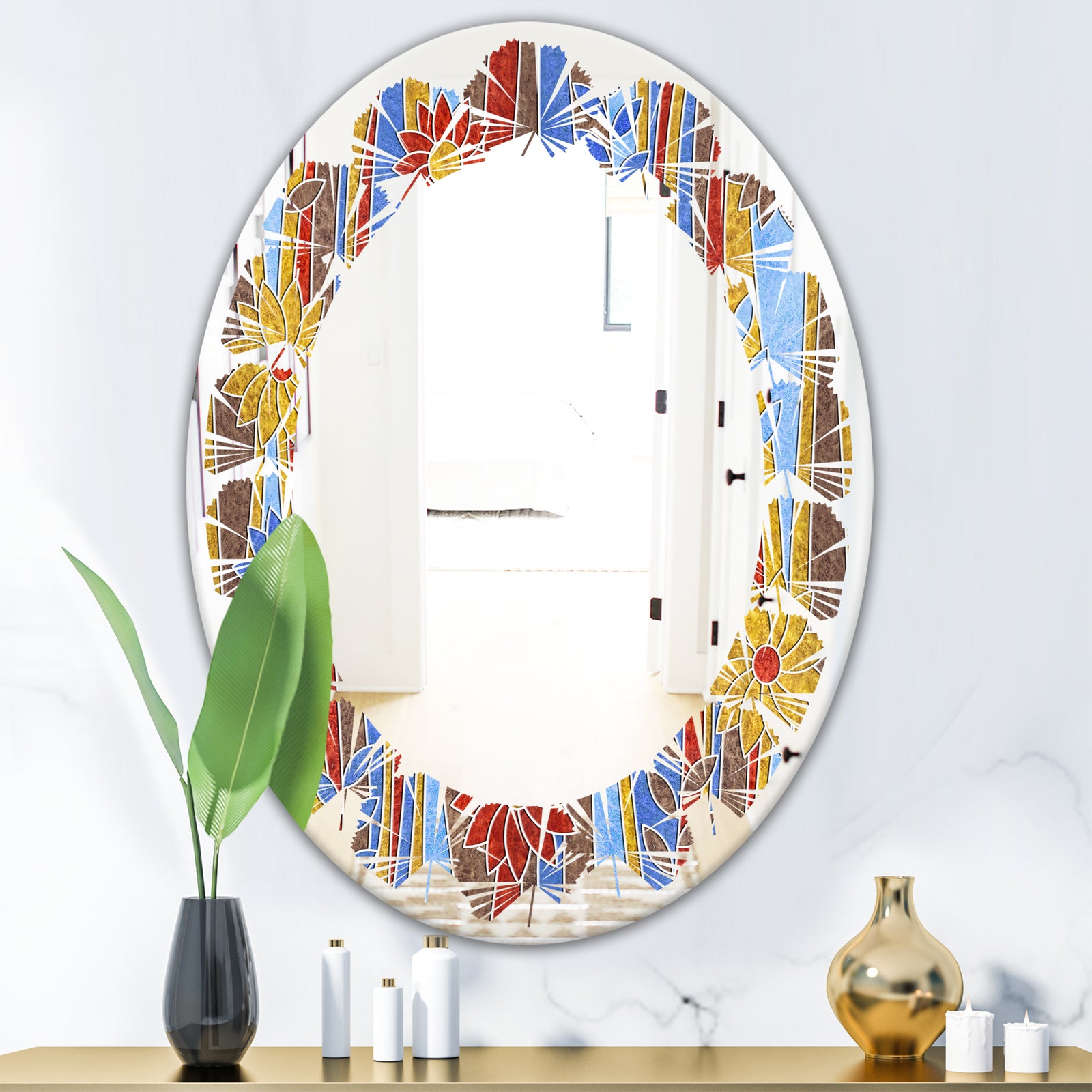 Floral Retro Pattern III - Modern Round or Oval Wall Mirror - Leaves