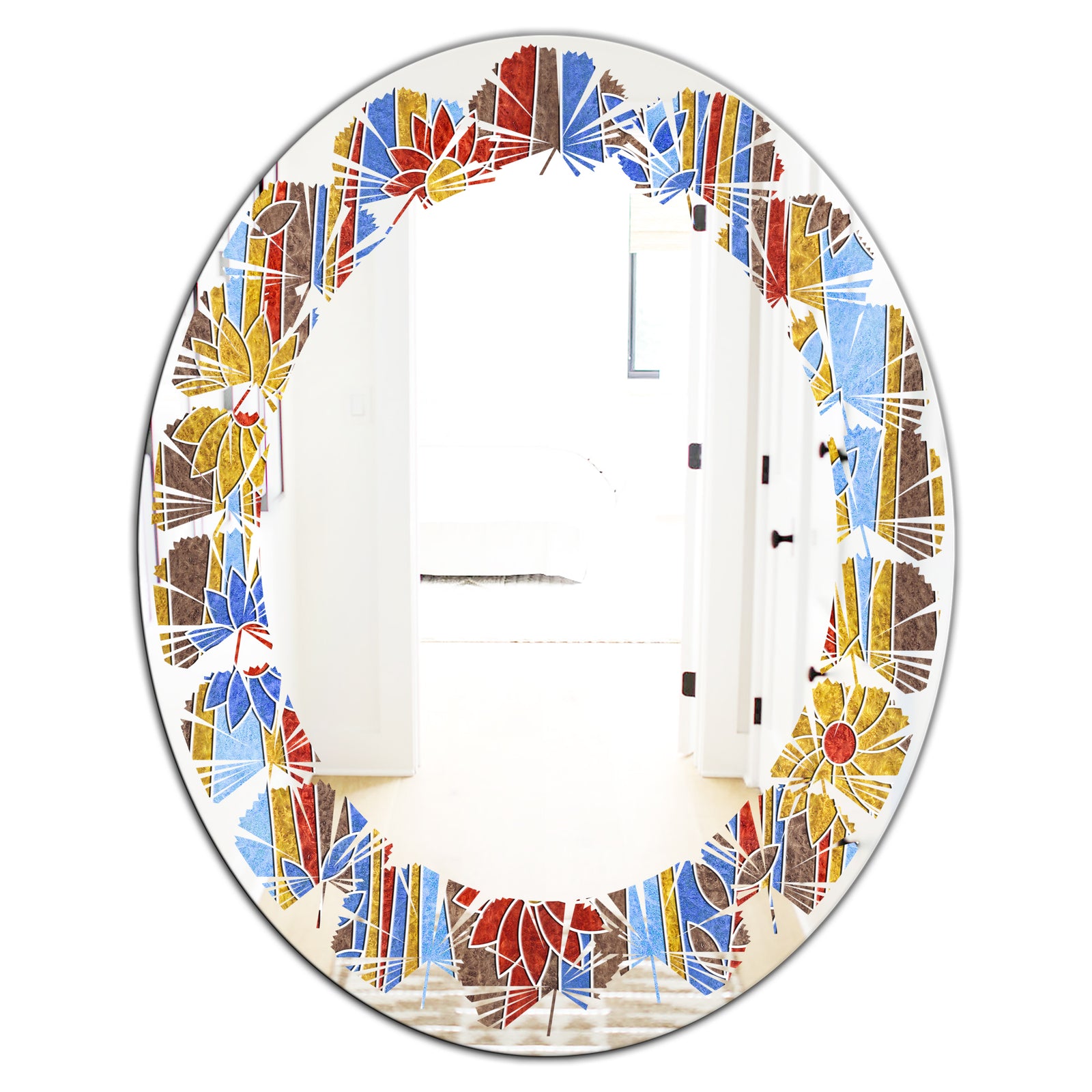 Floral Retro Pattern III - Modern Round or Oval Wall Mirror - Leaves
