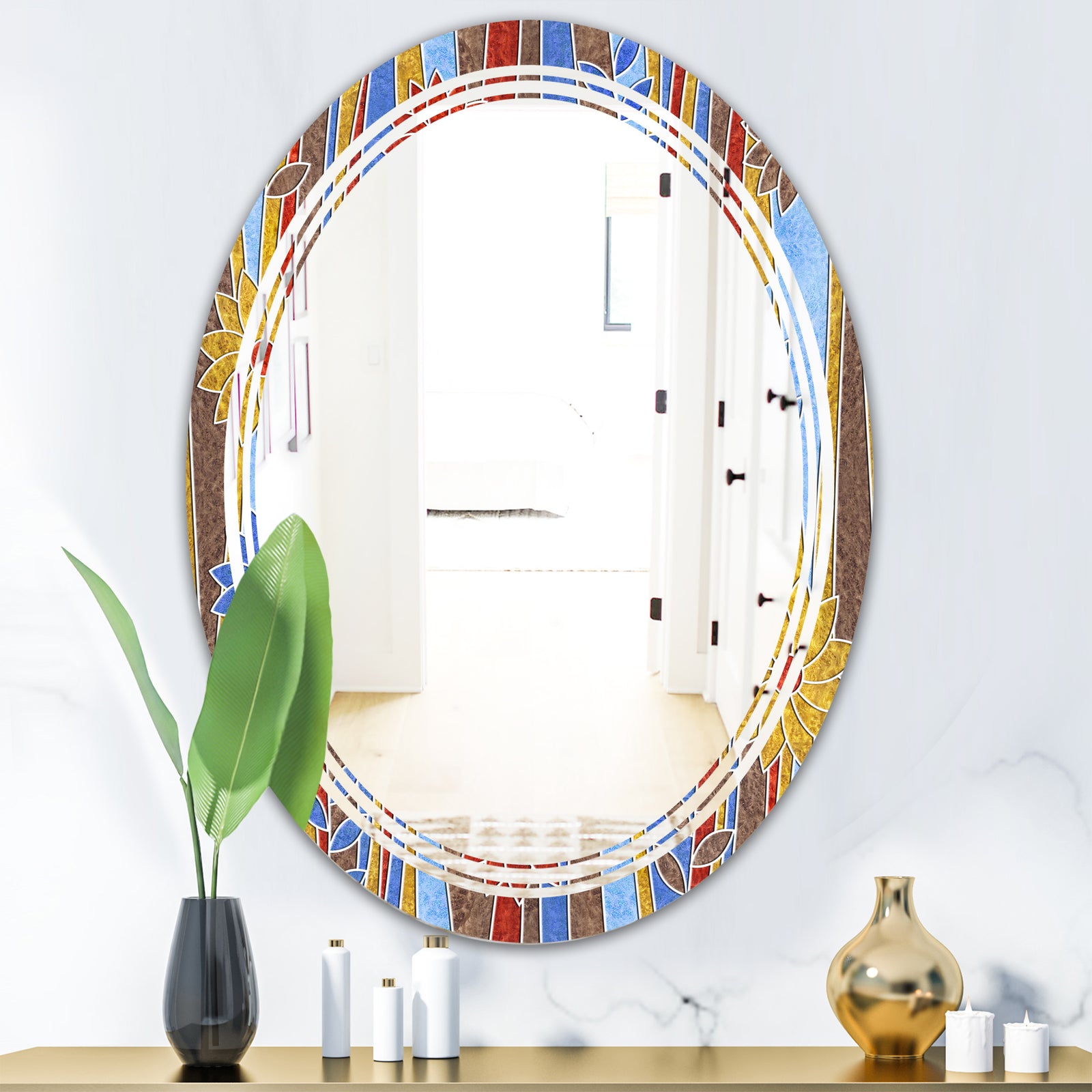 Floral Retro Pattern III - Modern Round or Oval Wall Mirror - Triple C