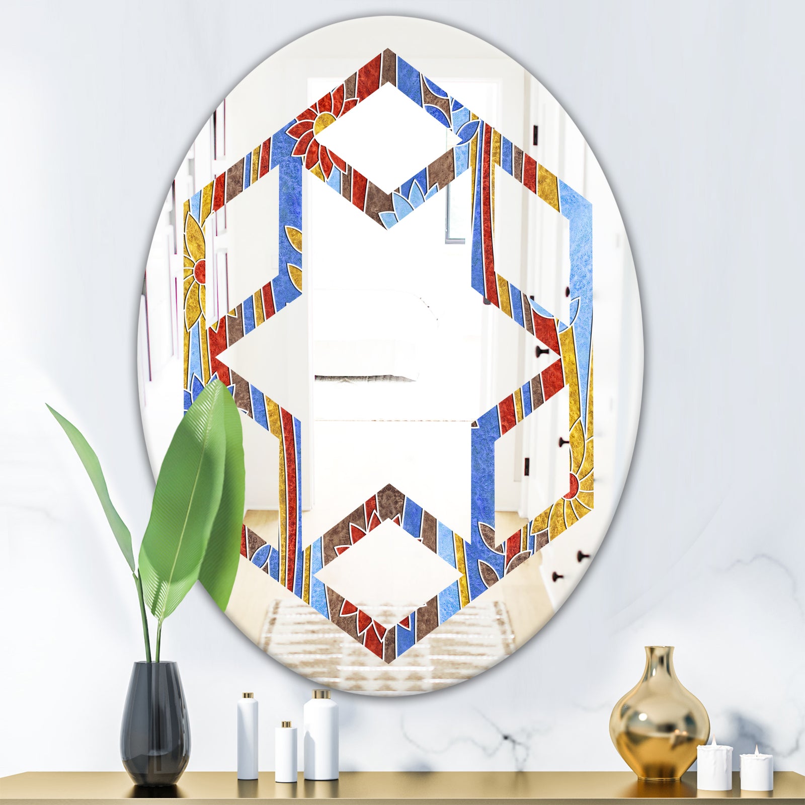 Floral Retro Pattern III - Modern Round or Oval Wall Mirror - Hexagon Star