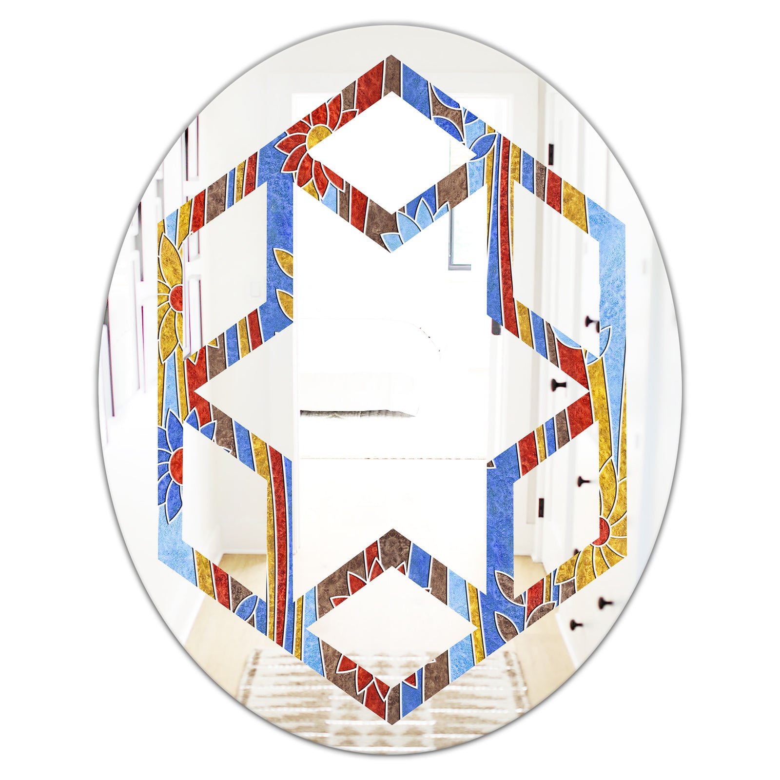 Floral Retro Pattern III - Modern Round or Oval Wall Mirror - Hexagon Star