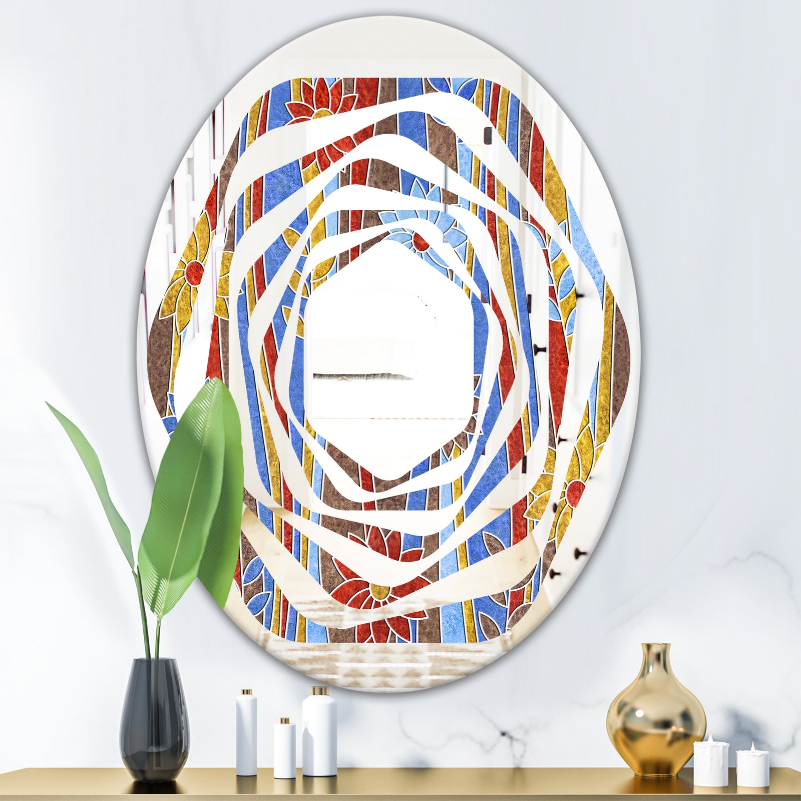 Floral Retro Pattern III - Modern Round or Oval Wall Mirror - Whirl