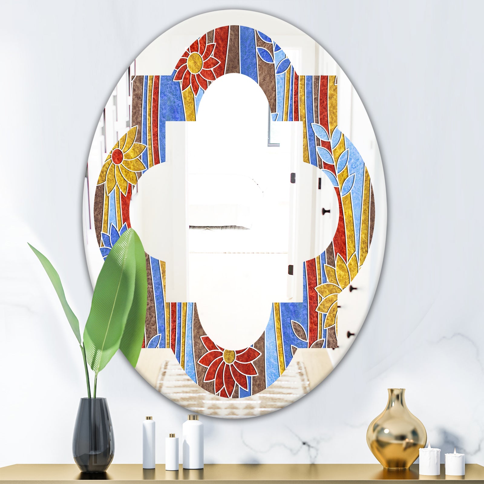 Floral Retro Pattern III - Modern Round or Oval Wall Mirror - Quatrefoil