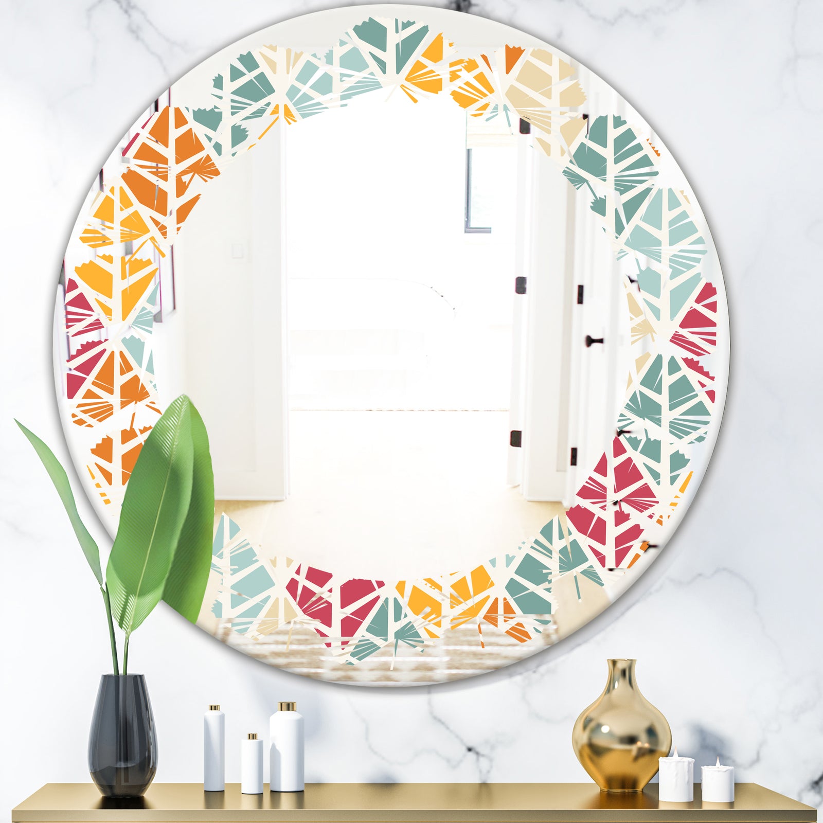 Diamond Retro X - Modern Round or Oval Wall Mirror - Leaves