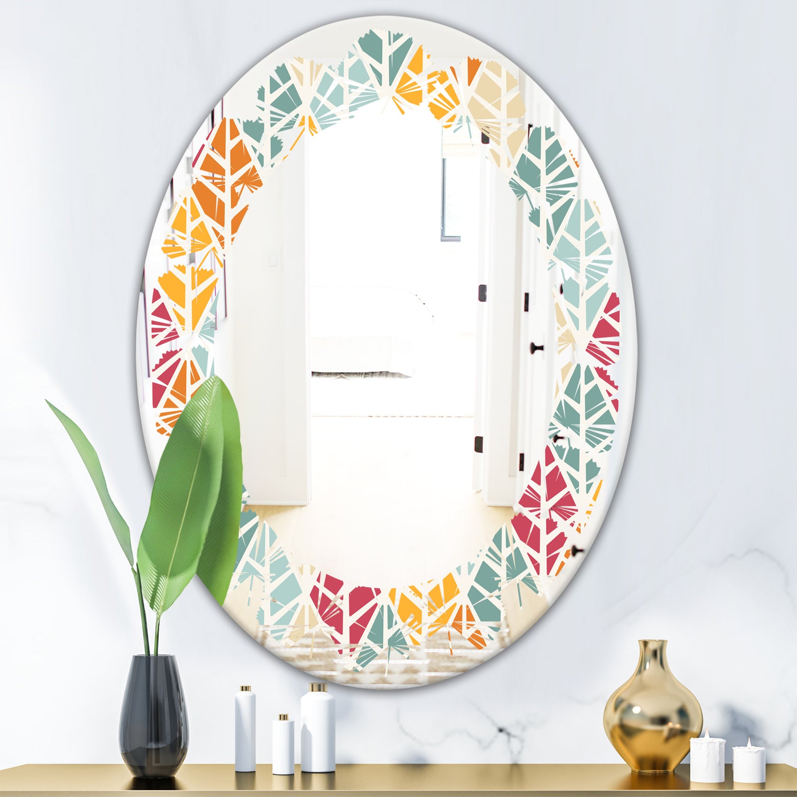 Diamond Retro X - Modern Round or Oval Wall Mirror - Leaves