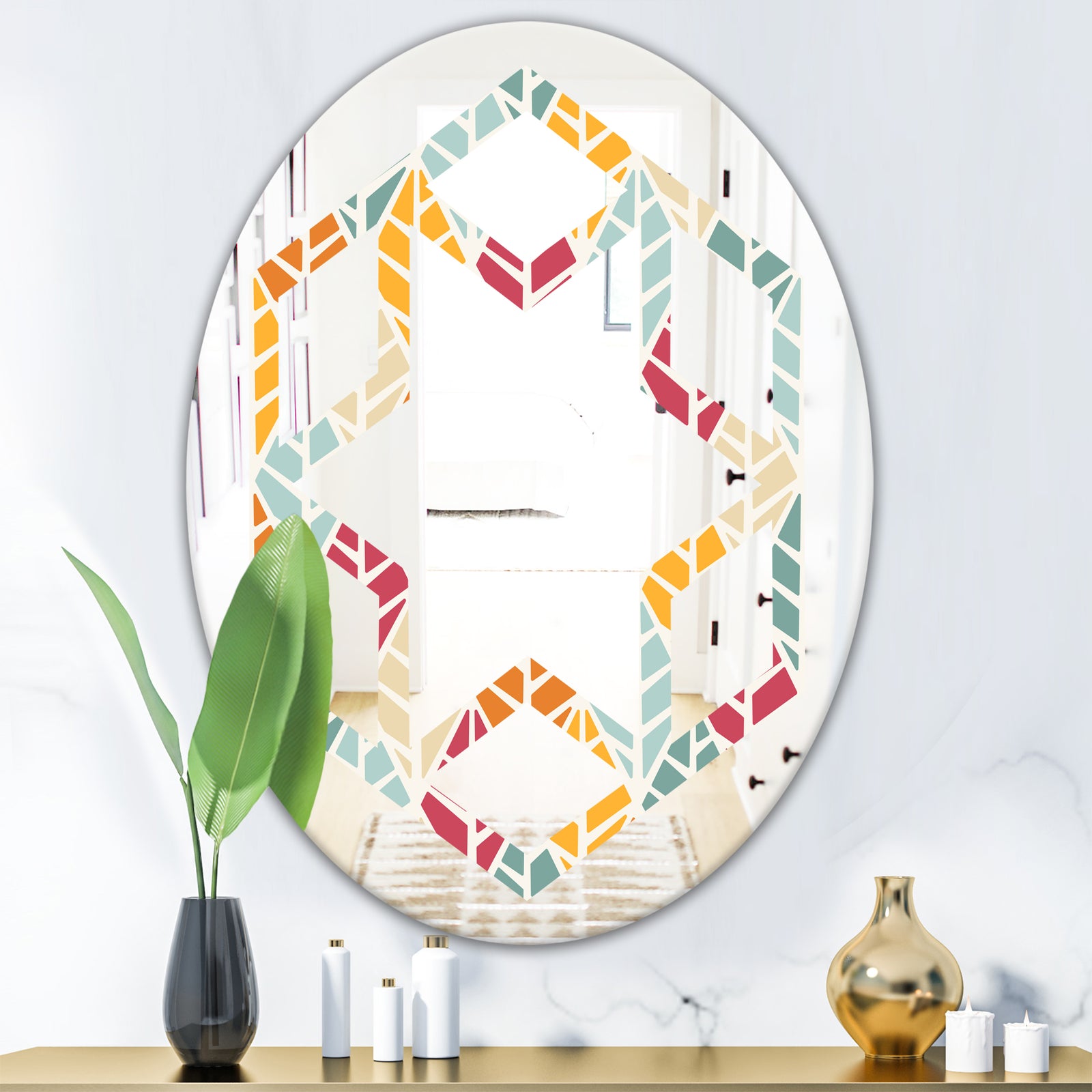 Diamond Retro X - Modern Round or Oval Wall Mirror - Hexagon Star