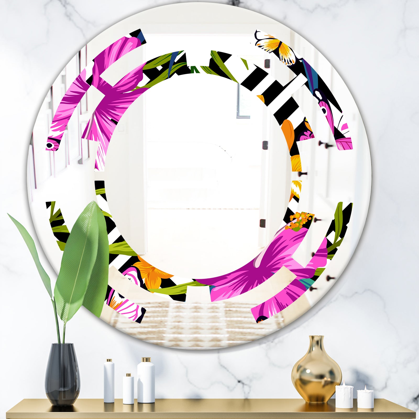 Tropical Foliage and Geometrics - Modern Round or Oval Wall Mirror - Space
