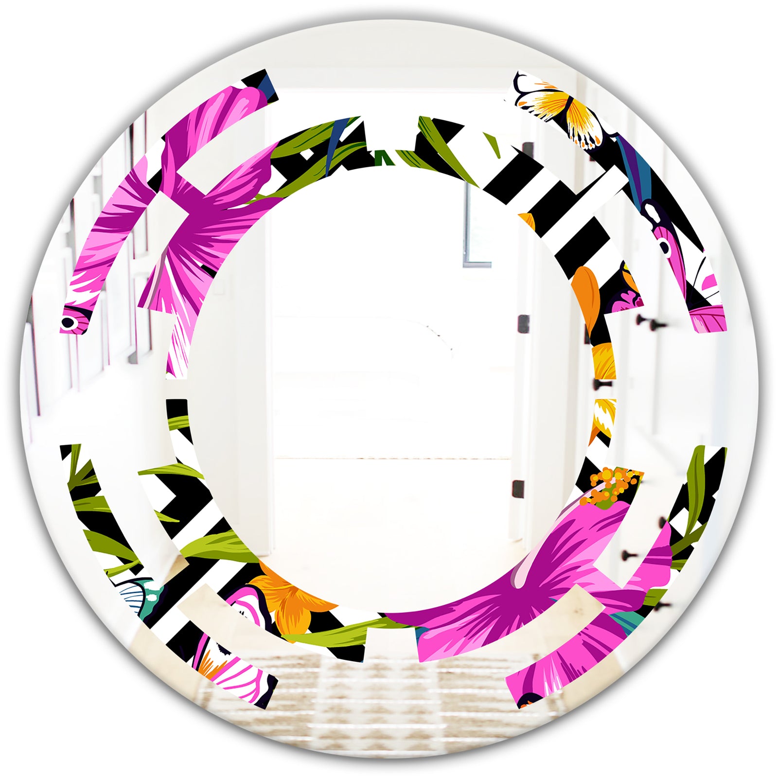 Tropical Foliage and Geometrics - Modern Round or Oval Wall Mirror - Space