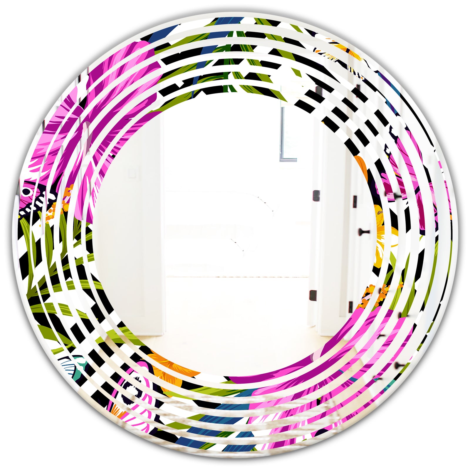 Tropical Foliage and Geometrics - Modern Round or Oval Wall Mirror - Wave