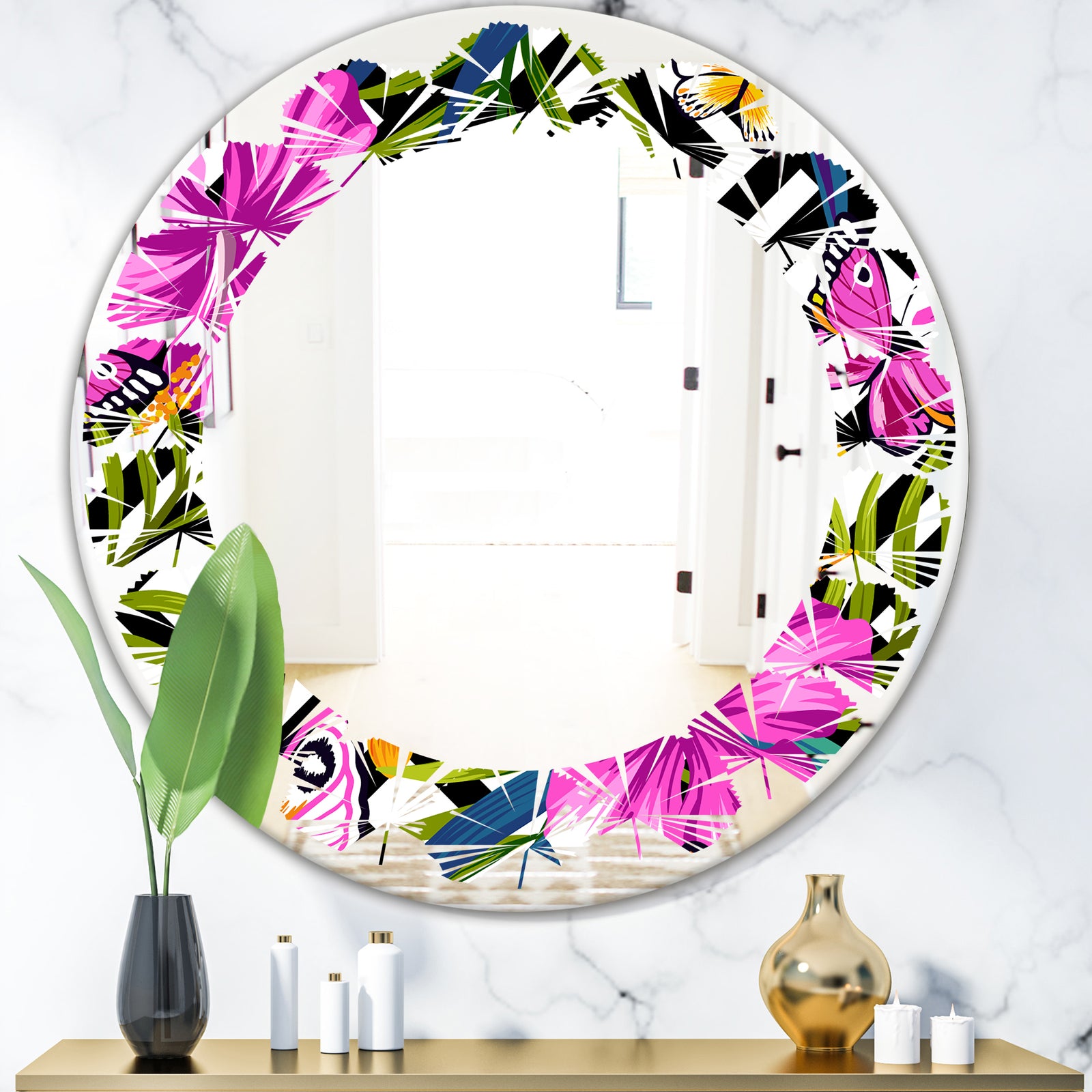 Tropical Foliage and Geometrics - Modern Round or Oval Wall Mirror - Leaves