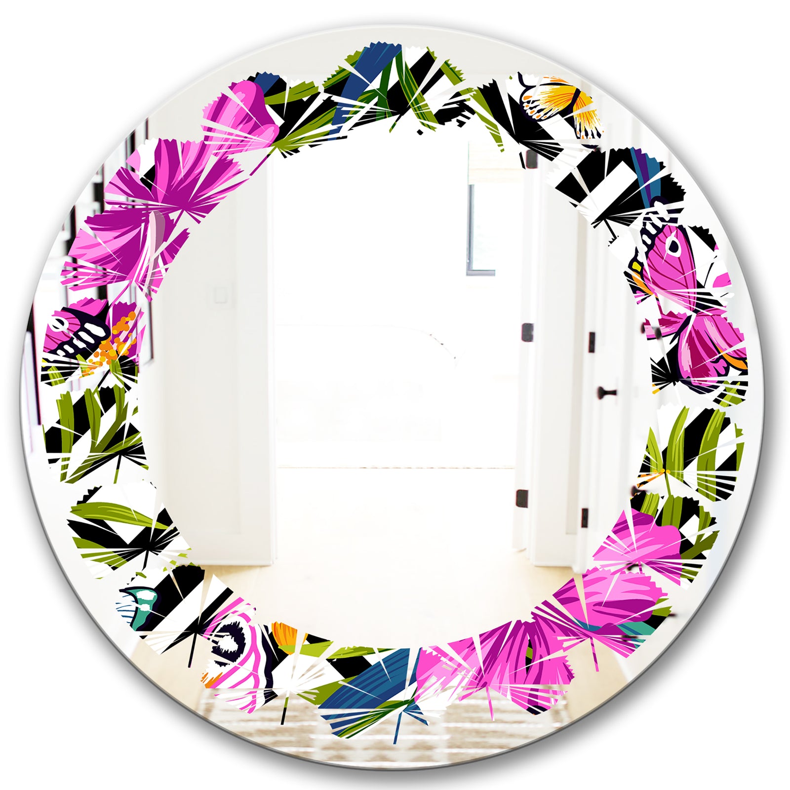 Tropical Foliage and Geometrics - Modern Round or Oval Wall Mirror - Leaves