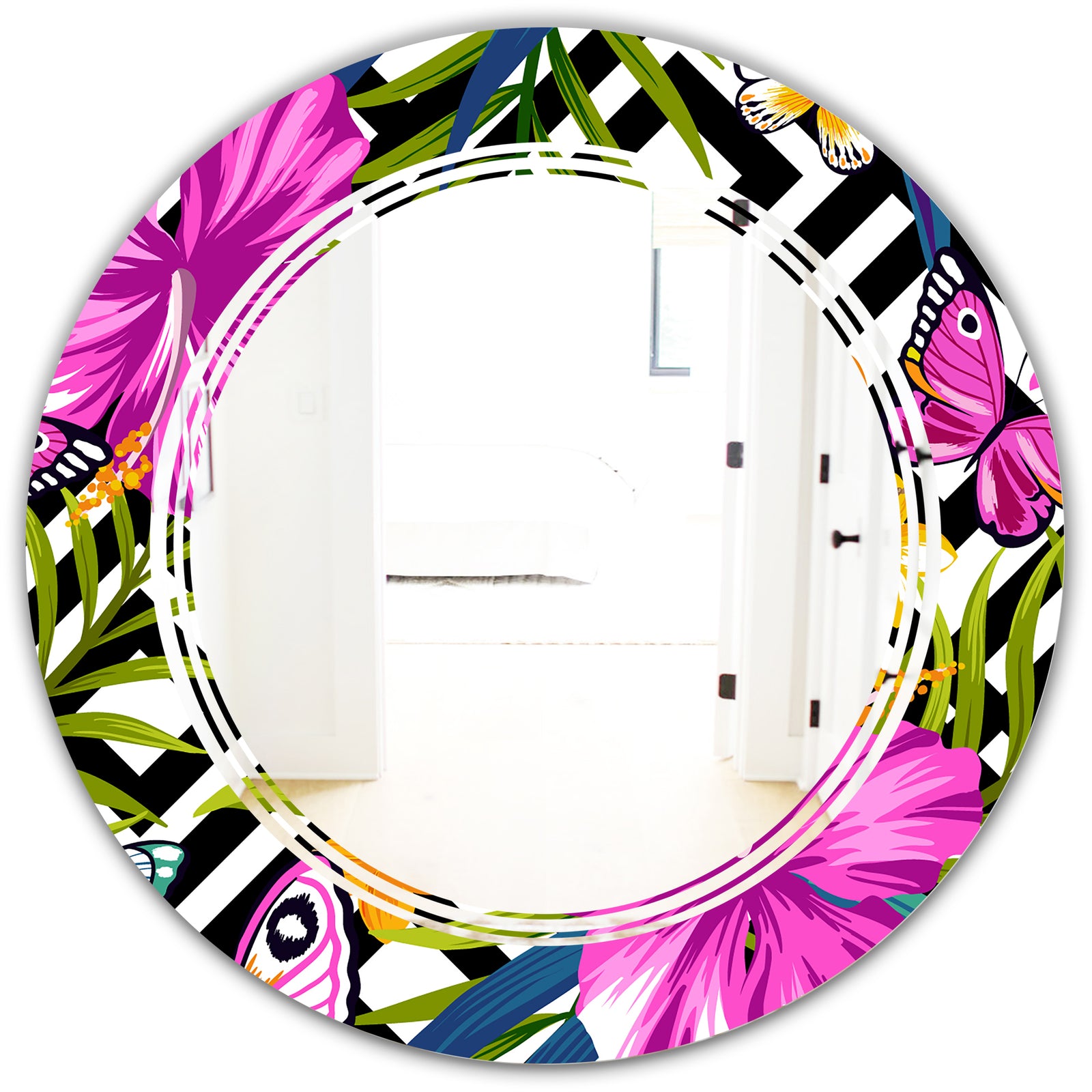 Tropical Foliage and Geometrics - Modern Round or Oval Wall Mirror - Triple C