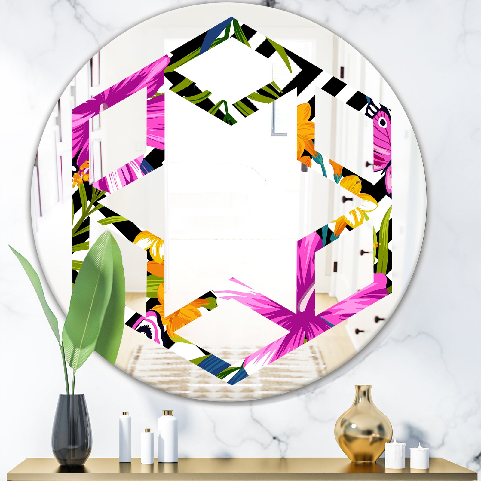 Tropical Foliage and Geometrics - Modern Round or Oval Wall Mirror - Hexagon Star