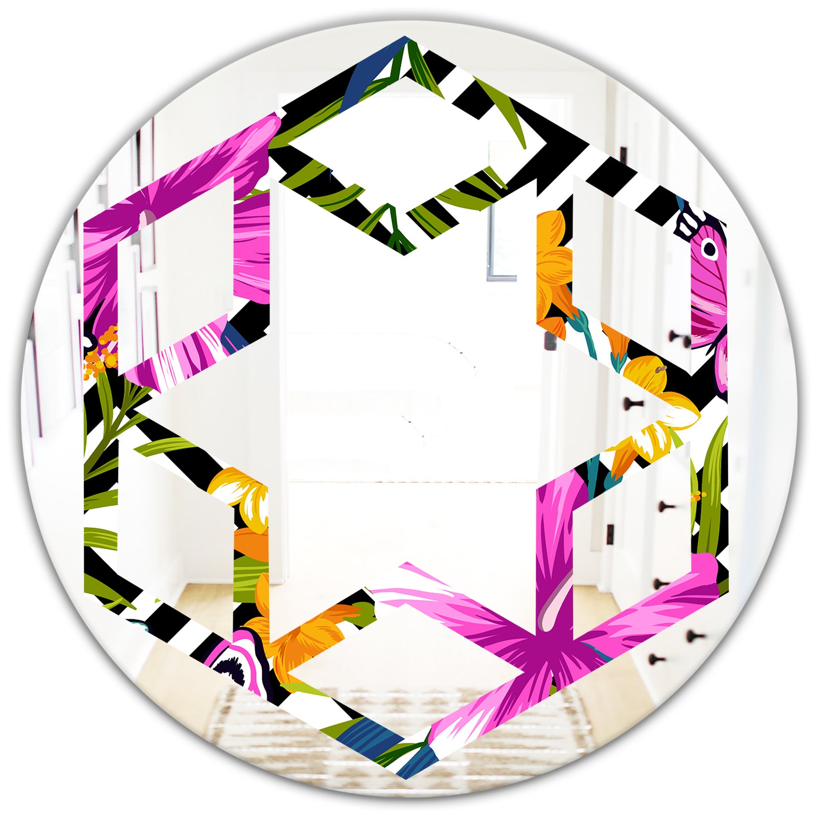 Tropical Foliage and Geometrics - Modern Round or Oval Wall Mirror - Hexagon Star